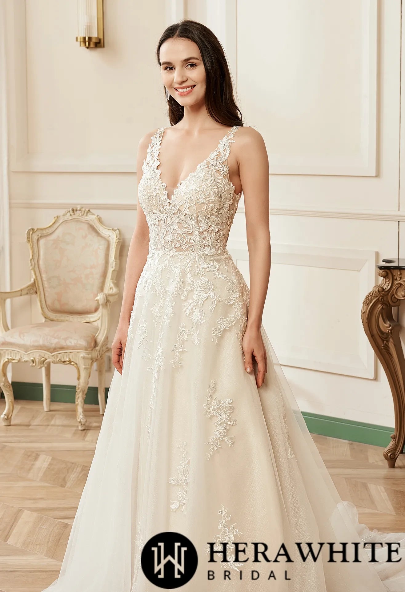 Illusion V-neckline A-Line Lace Straps Bridal Gown