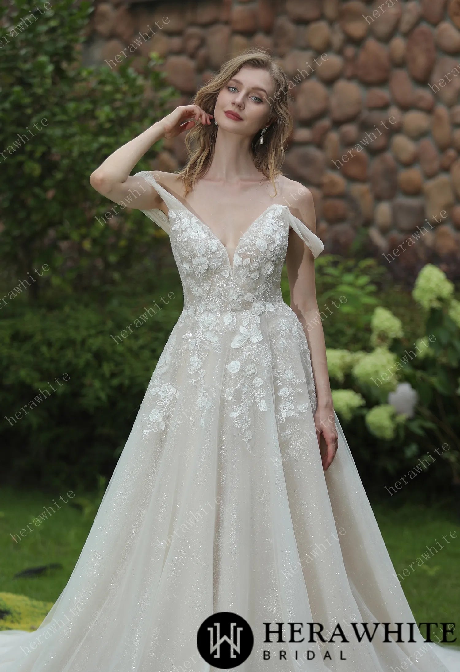 Elegant Floral 3D Lace Wedding Dress With Off-Shoulder Straps