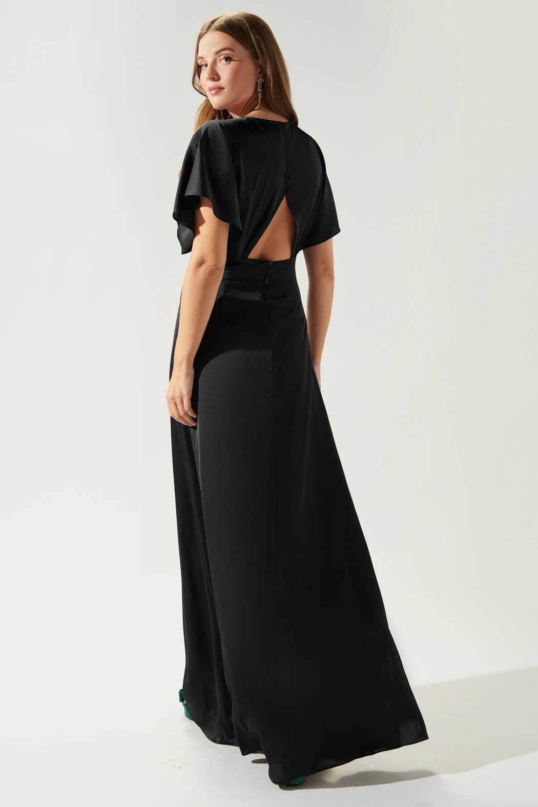 Darling Flutter Sleeve Cut Out Satin Maxi Dress: Black / S