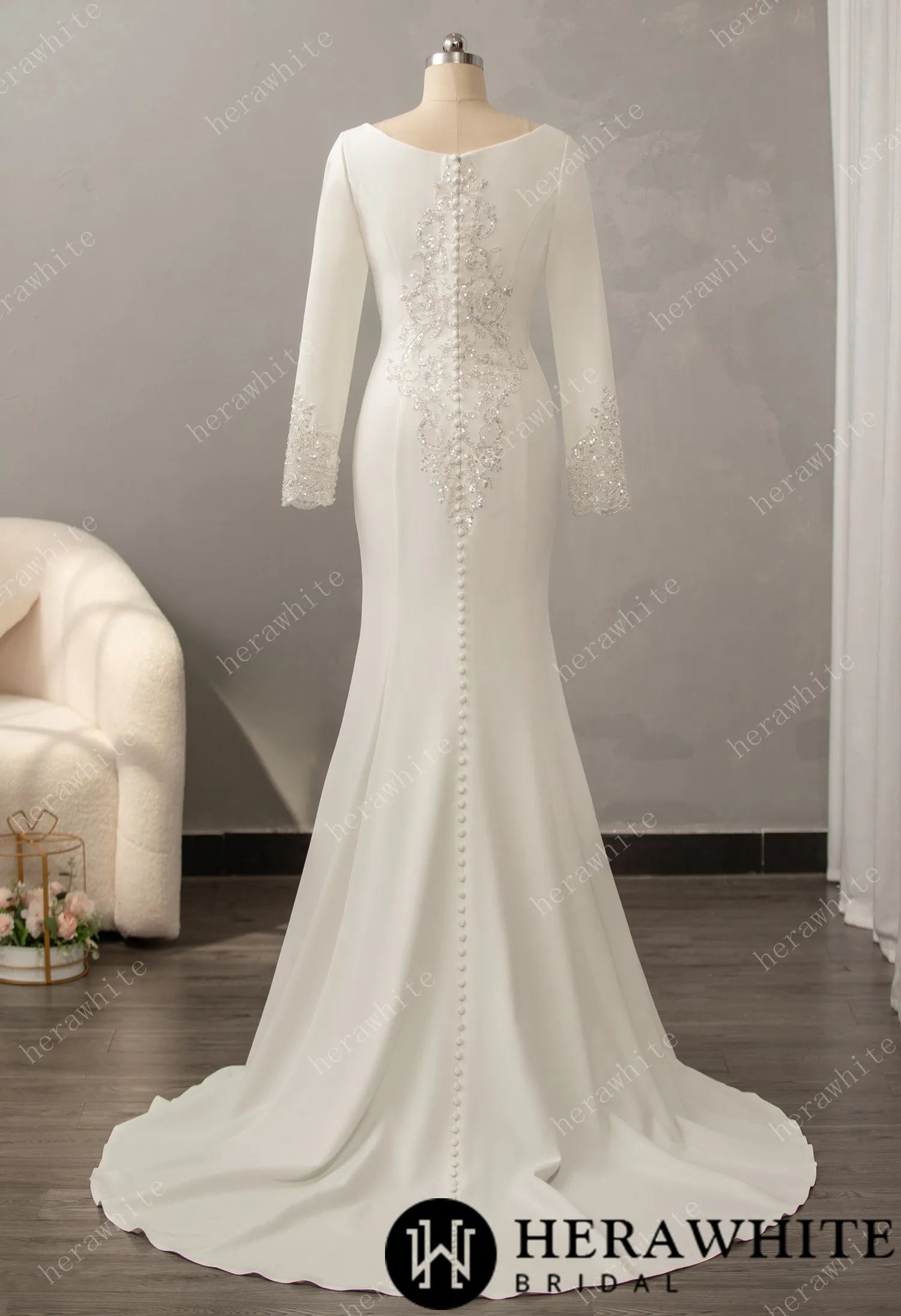 Long Sleeve Crepe Bateau Wedding Dress with Beaded Back