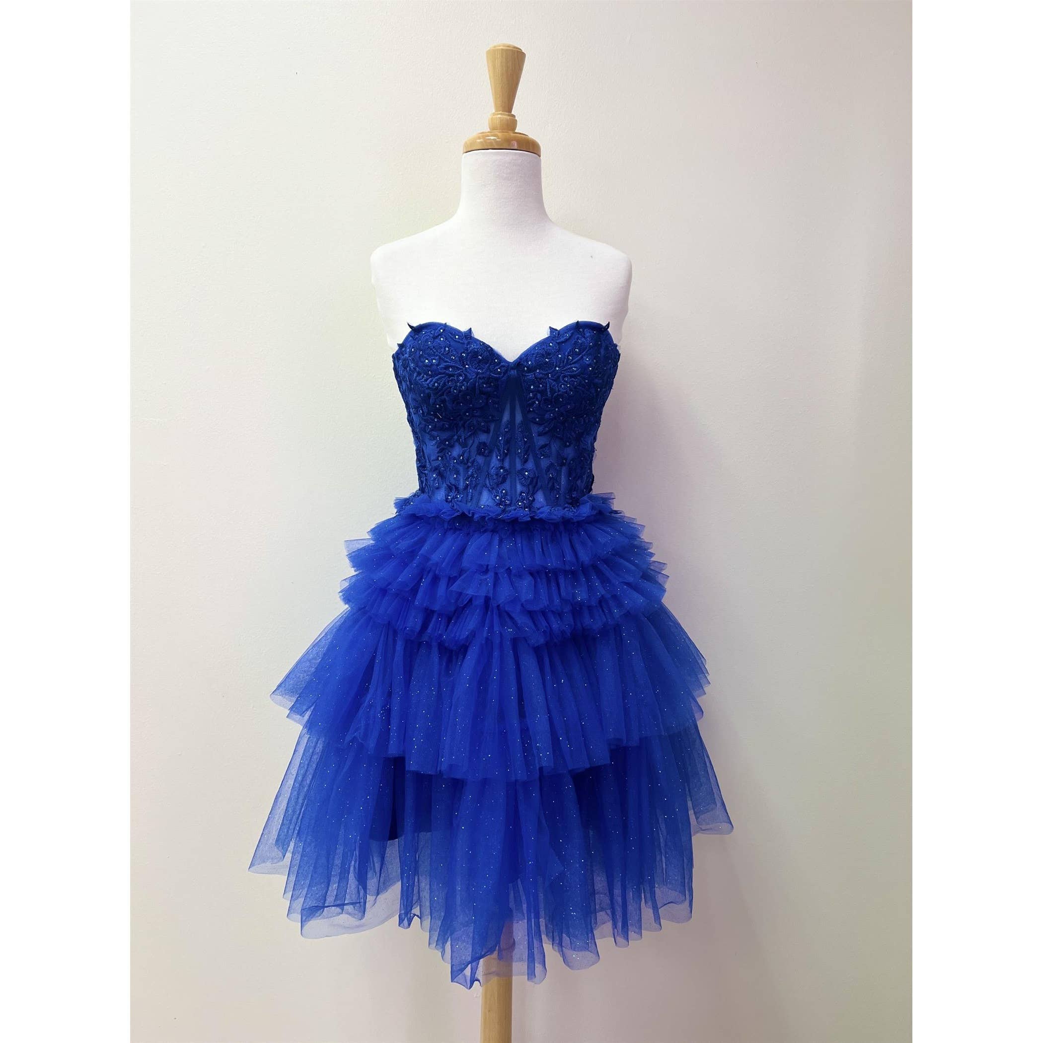 STRAPLESS COCKTAIL GOWN WITH LEAF LACE CORSET BODICE AND RUF