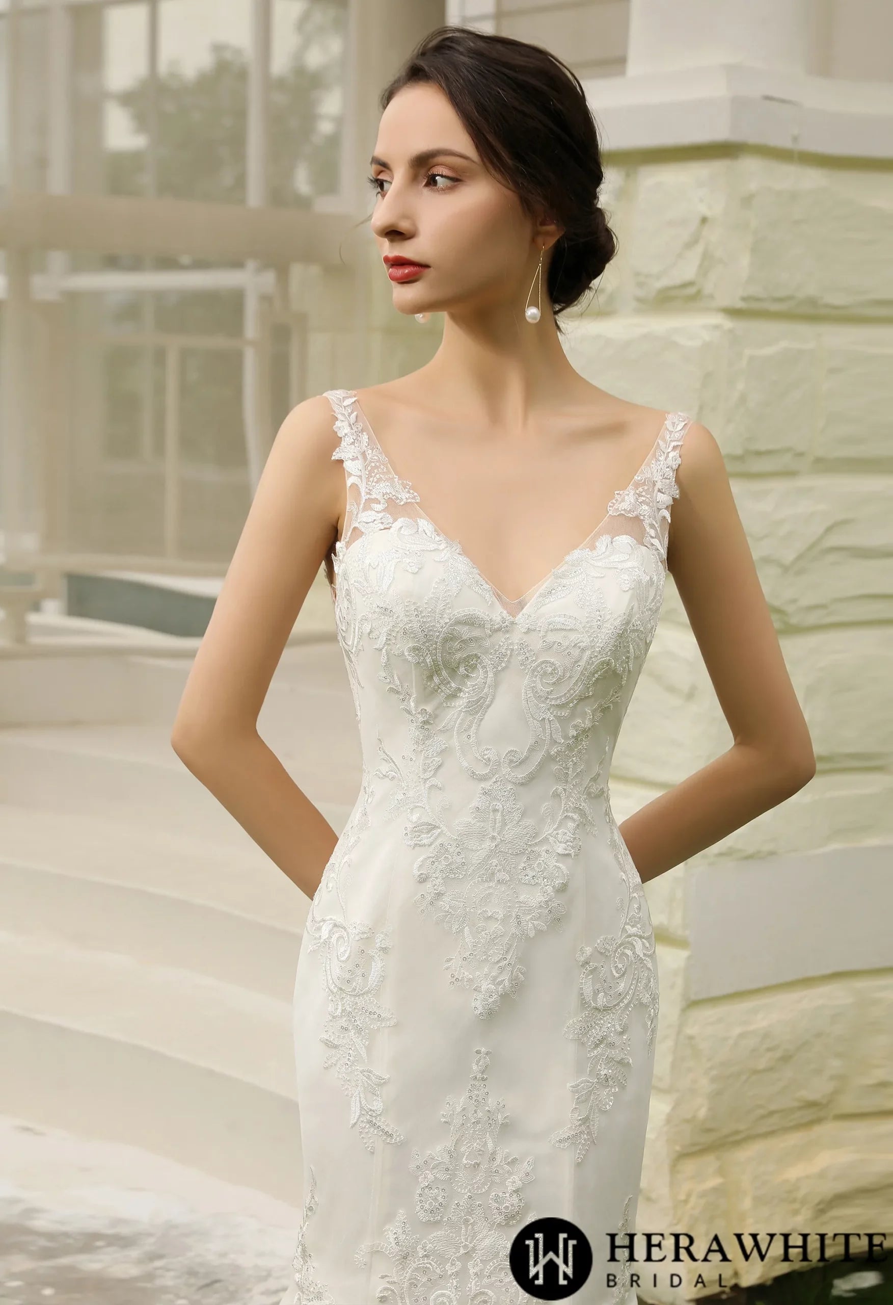 Double Train Fitted Sheath Wedding Gown