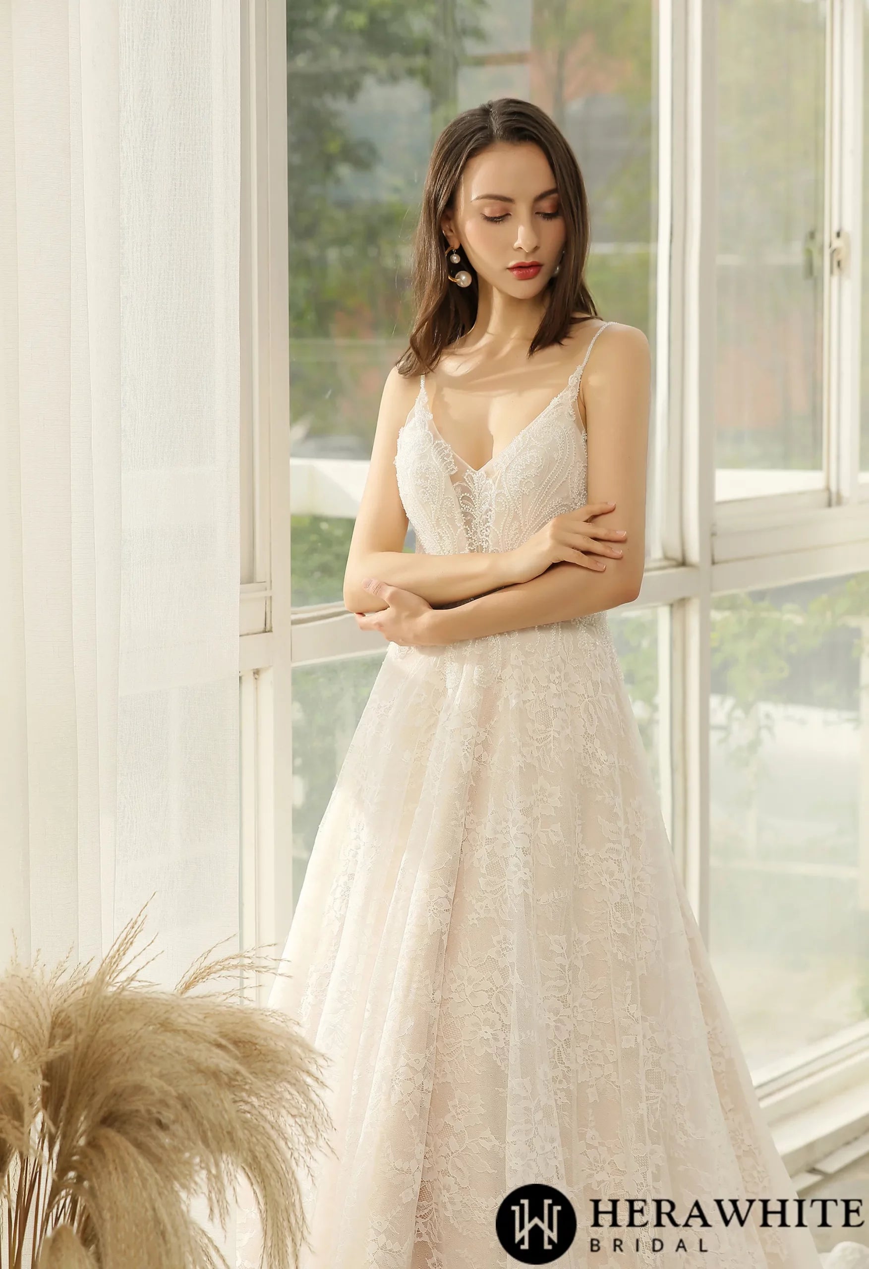 Beaded Lace A-line Wedding Dress With Spaghetti Straps