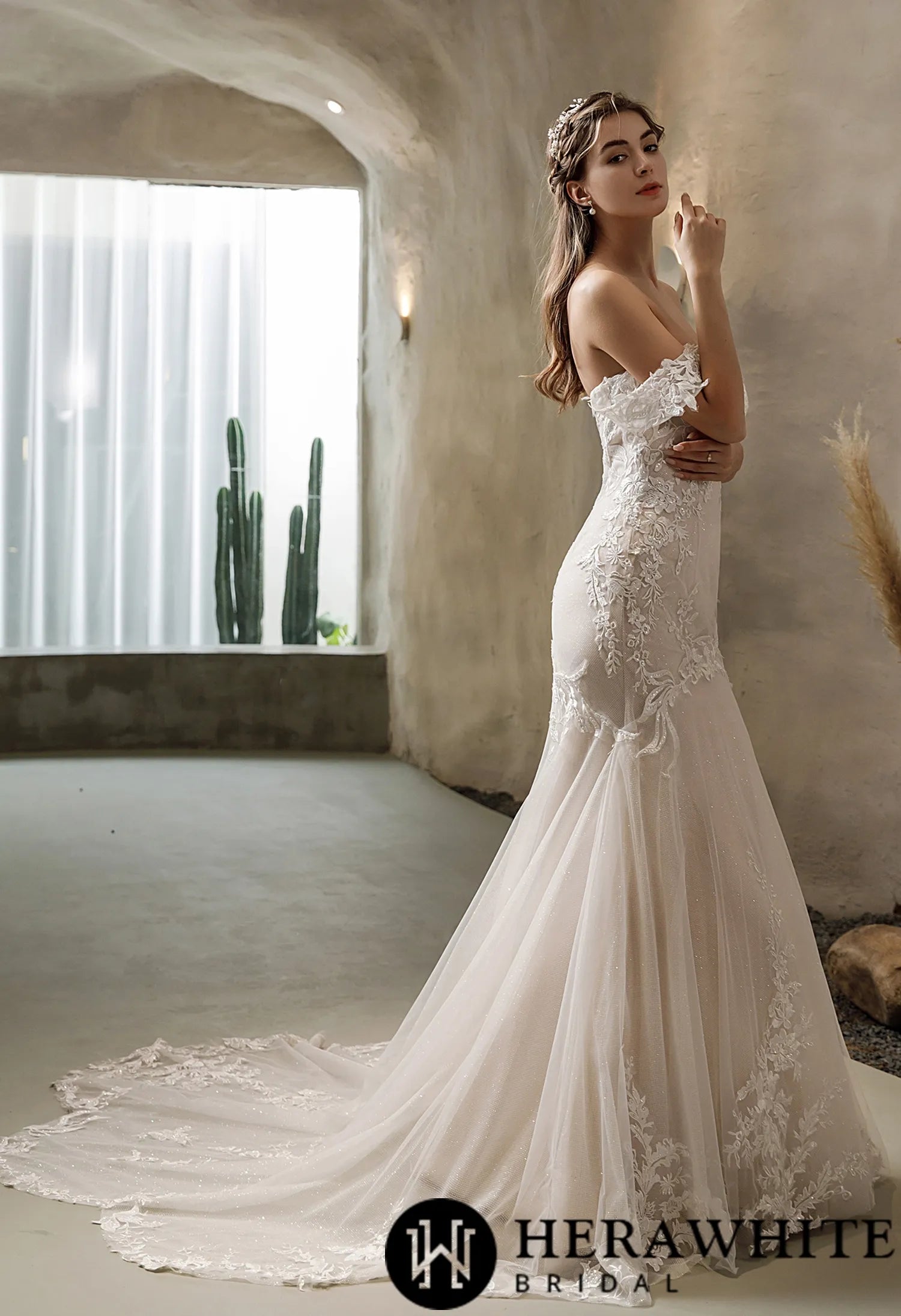 Off-the-shoulder Mermaid Wedding Dress in Glitter Tulle With Open Back