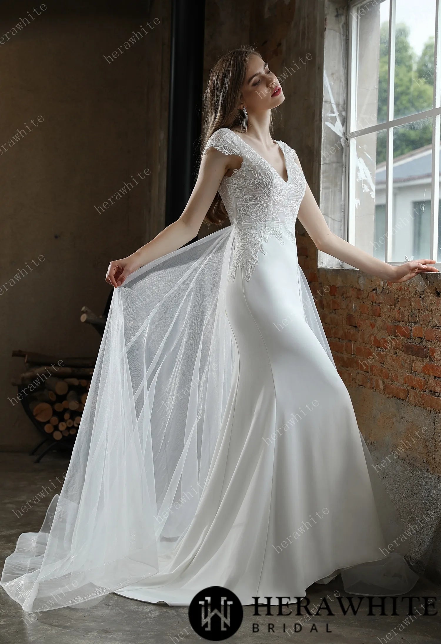 Crepe Sheath Wedding Dress with Lace Cap Sleeves