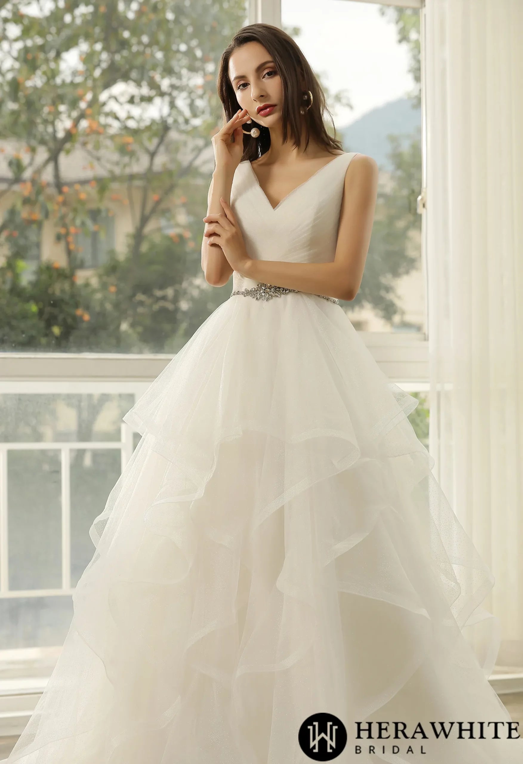 Wedding Dress In Ruffed Glitter Tulle With Princess Silhouette