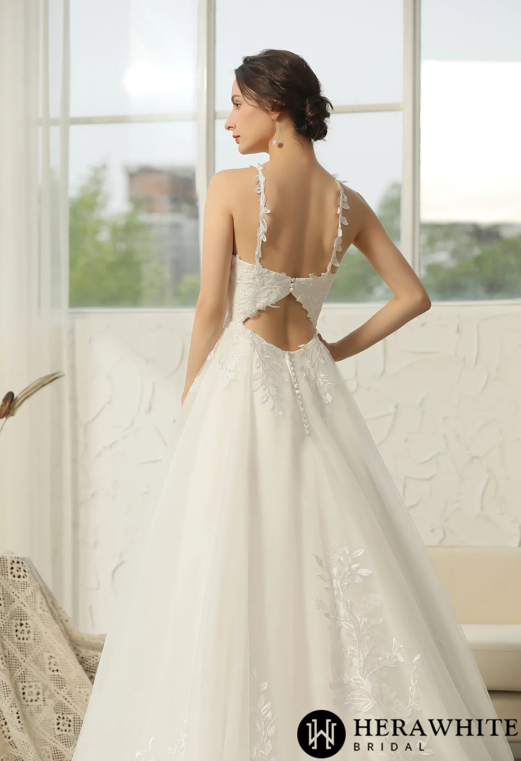 Appliquéd Straps Keyhole Back Bridal Gown