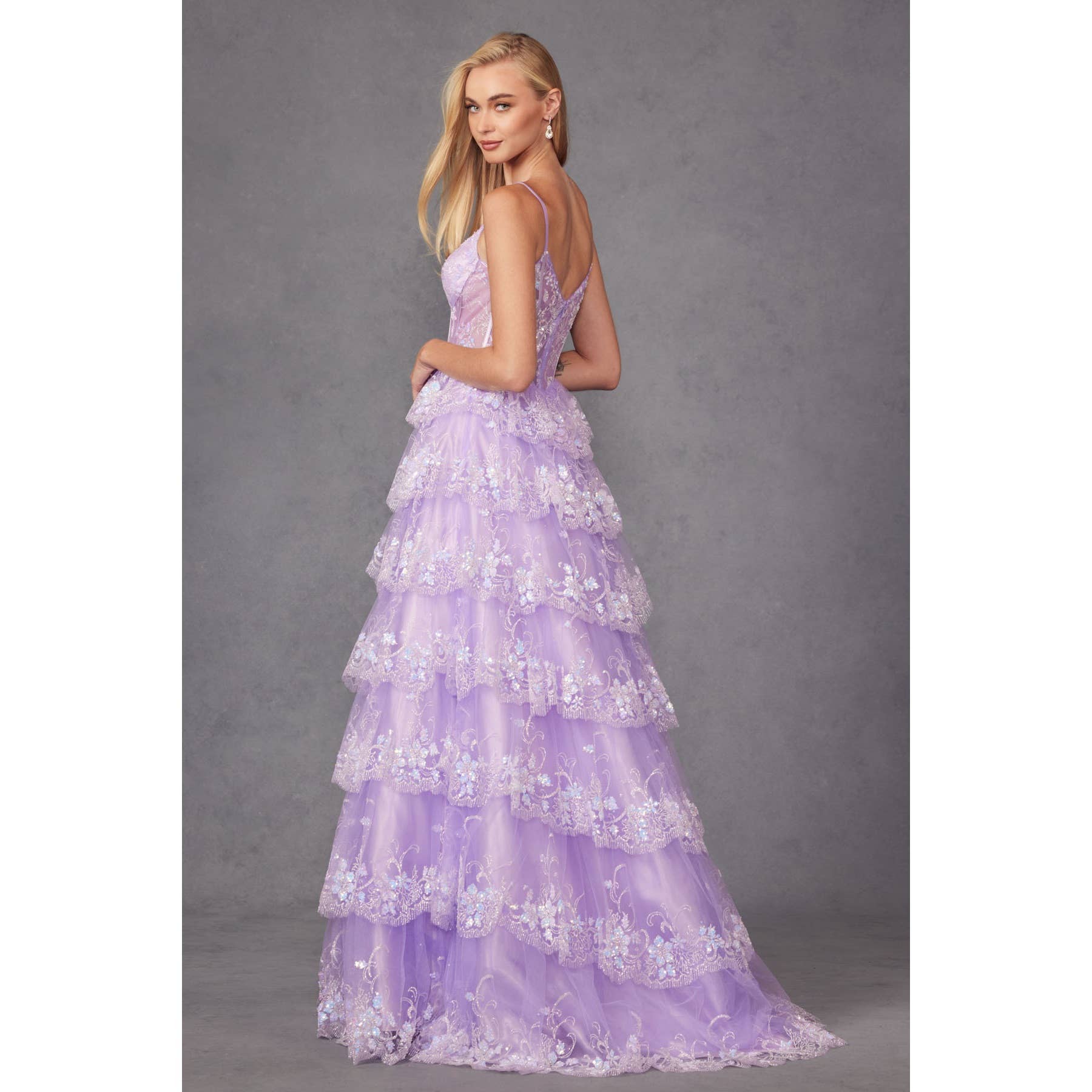 RUFFLE TULLE LACE SEQUIN BALL GOWN WITH SHEER CORSET BODICE