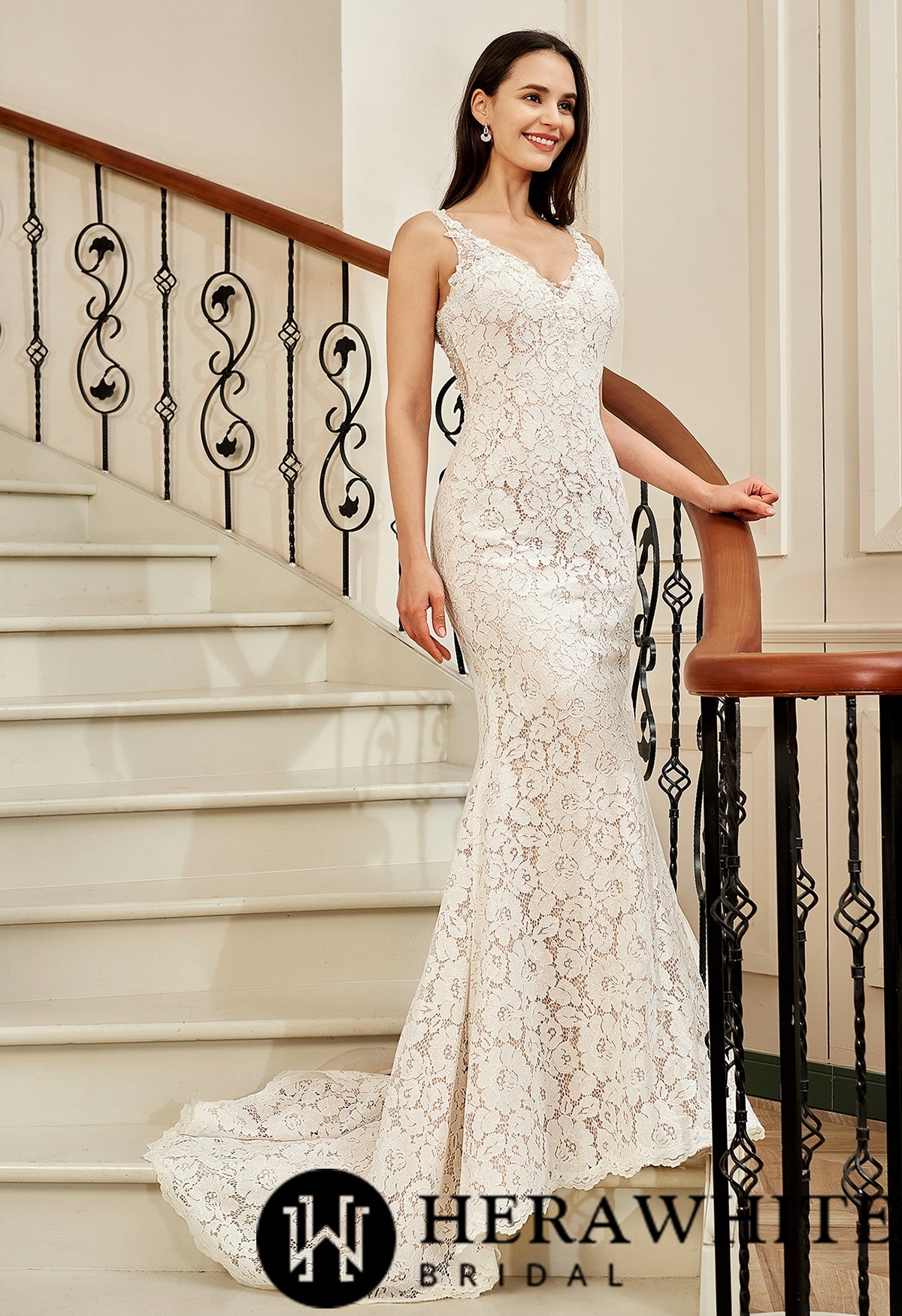 Fit and Flare V-neck Chapel Train Allover Lace Wedding Dress