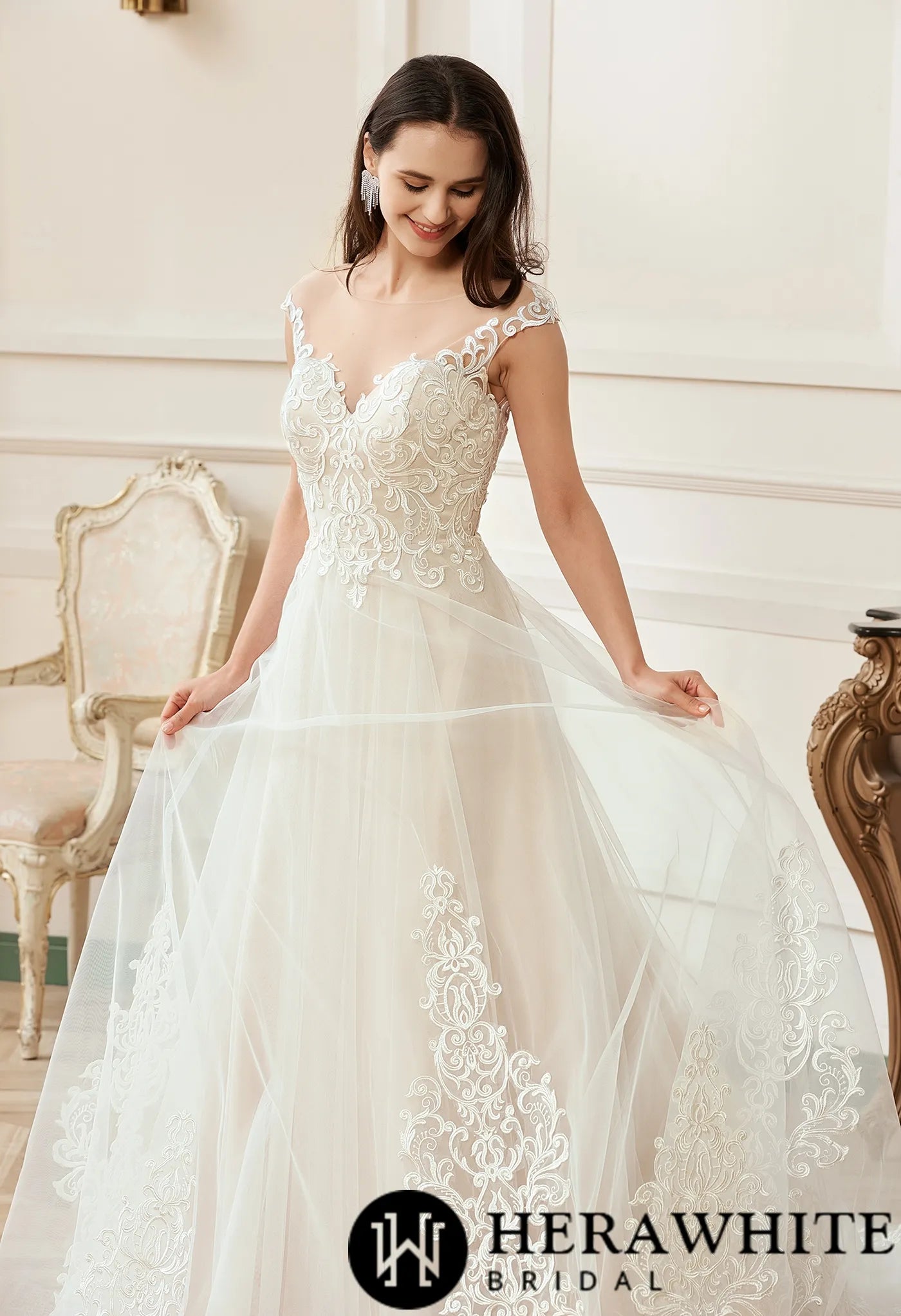 Illusion A-Line Scoop Neckline Lace Bridal Gown