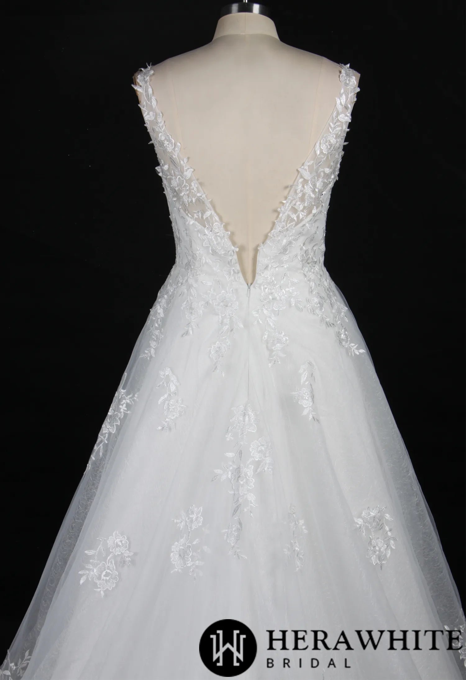 Embroidered Tulle Wedding Dress With A-Line Silhouette and V-Neck