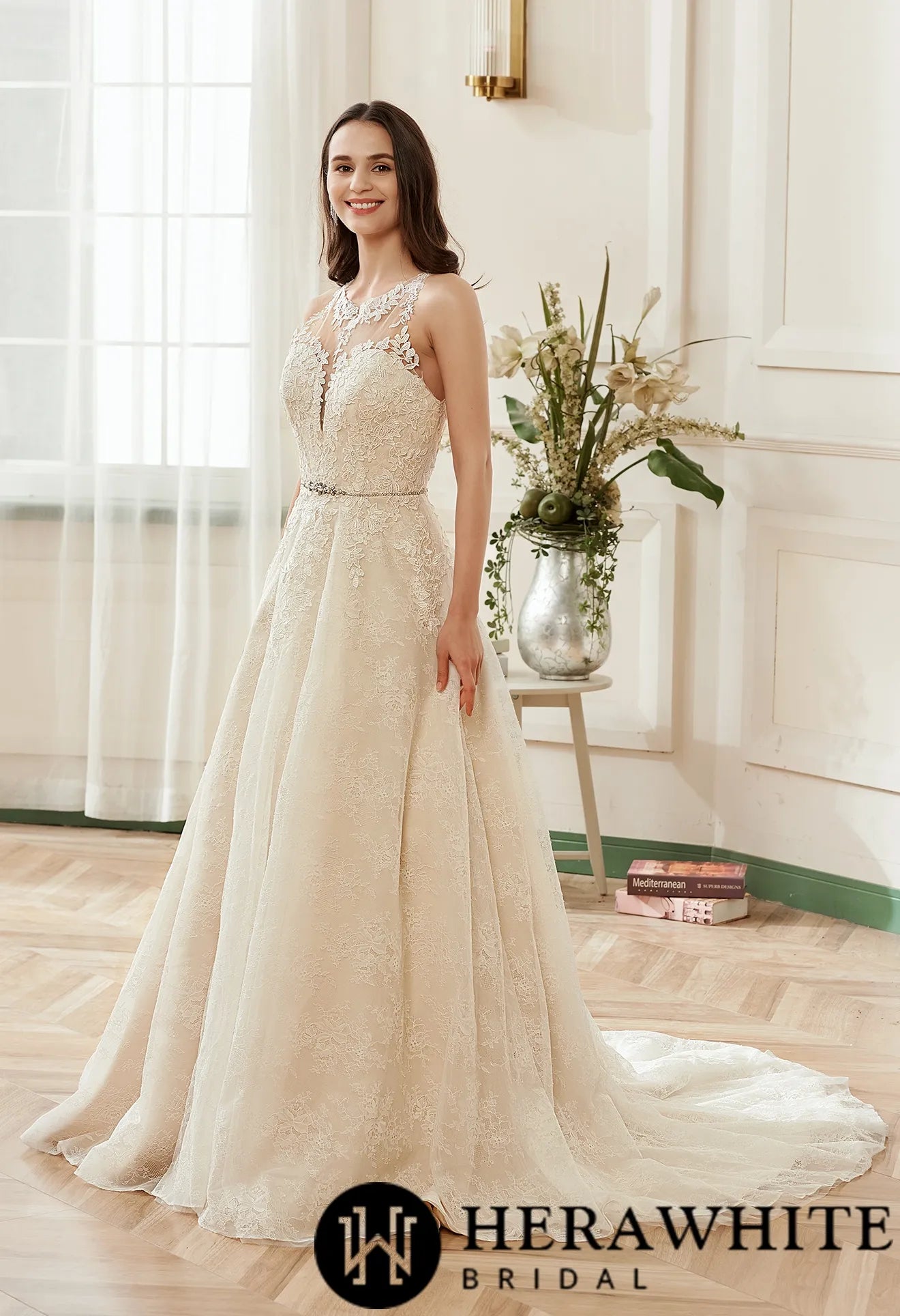 Illusion Halter Neckline Lace Tulle Bridal Gown