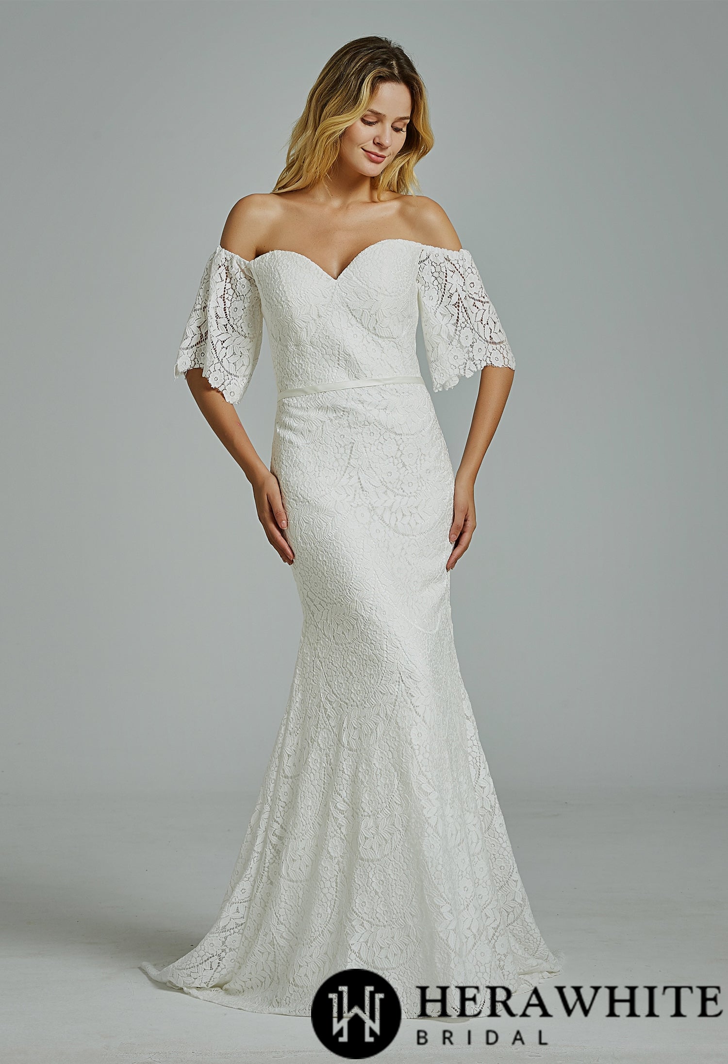 Floral Lace Off-the-shoulder Sheath Wedding Dress