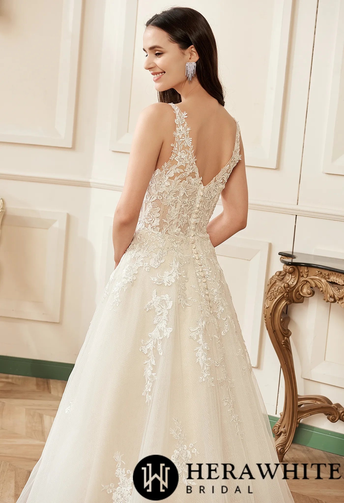 Illusion V-neckline A-Line Lace Straps Bridal Gown