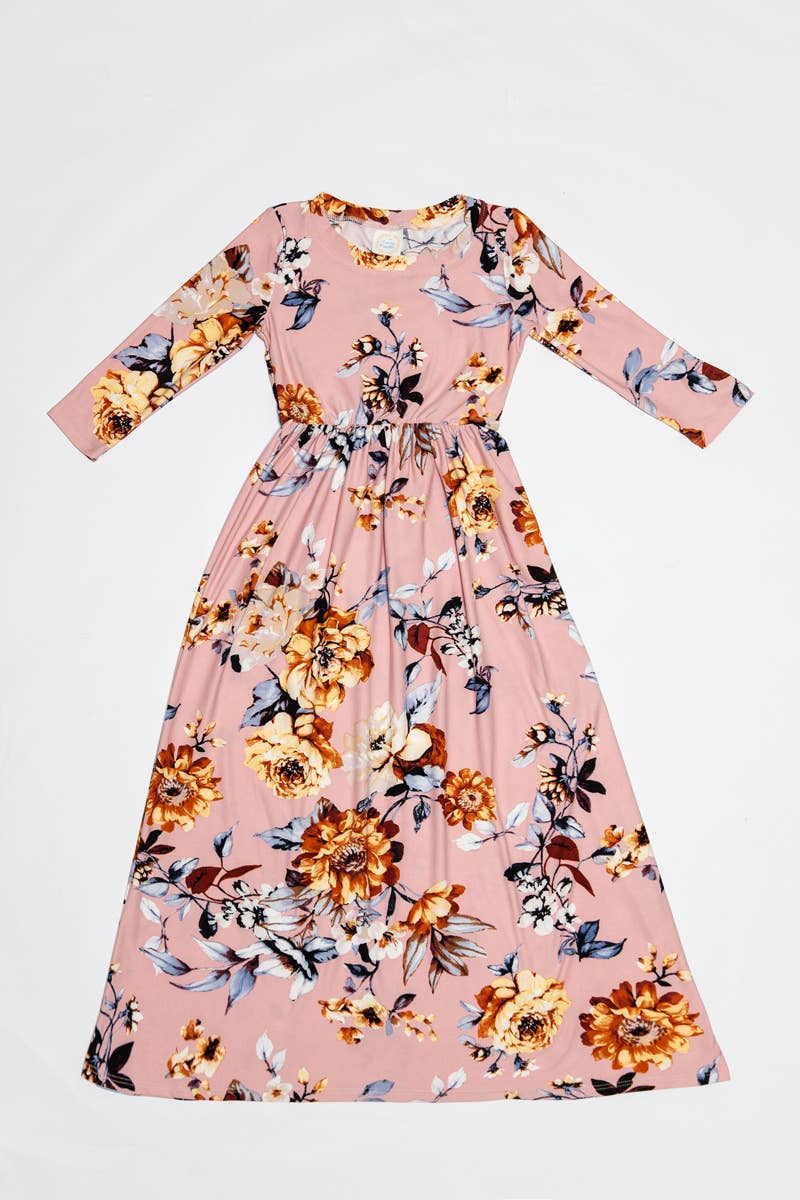 Girls Fit and Flare Floral Maxi Dress: FLORAL ORANGE / L