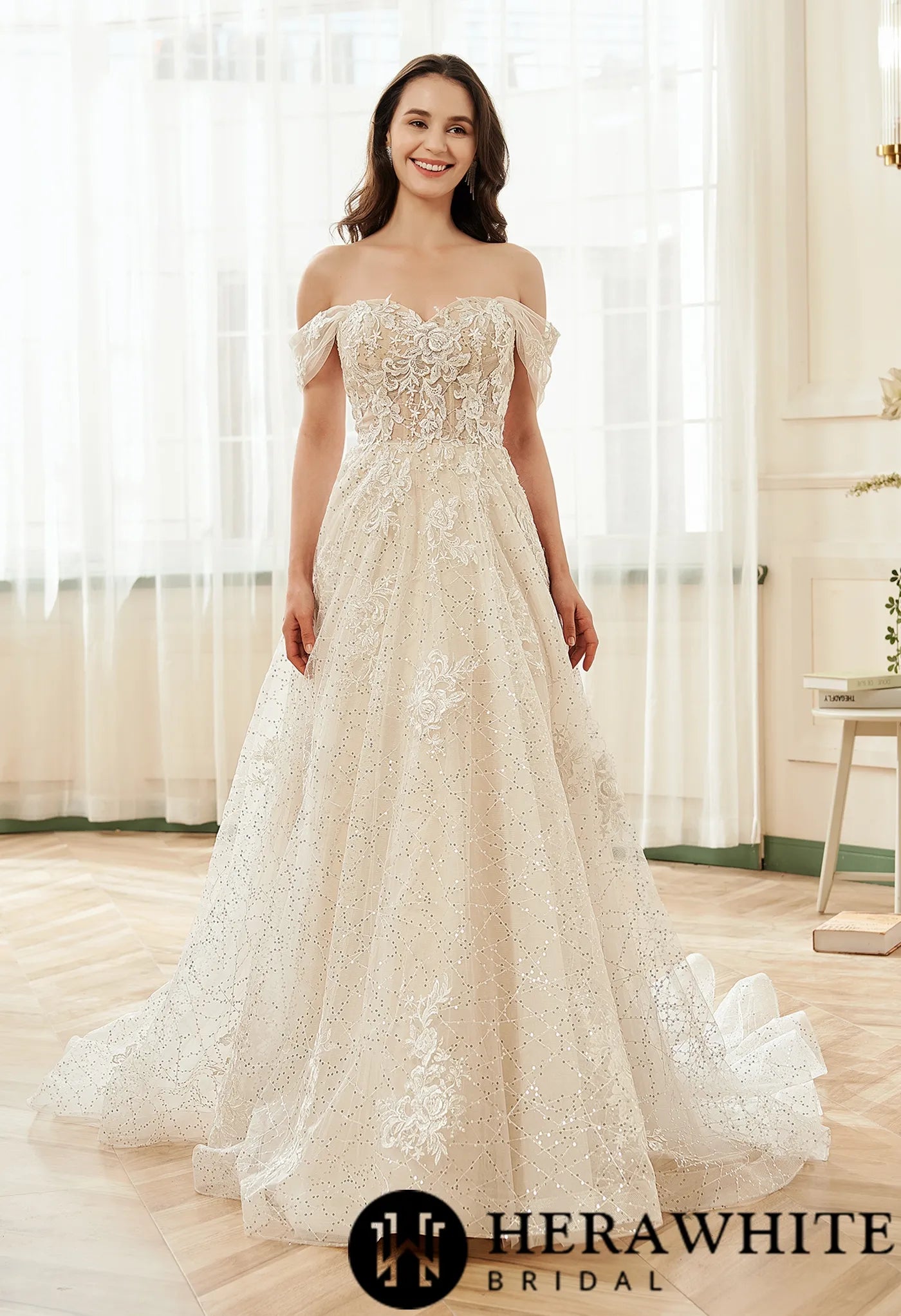 Floral Lace Sweetheart Sequin Tulle Wedding Dress With Detachable Straps