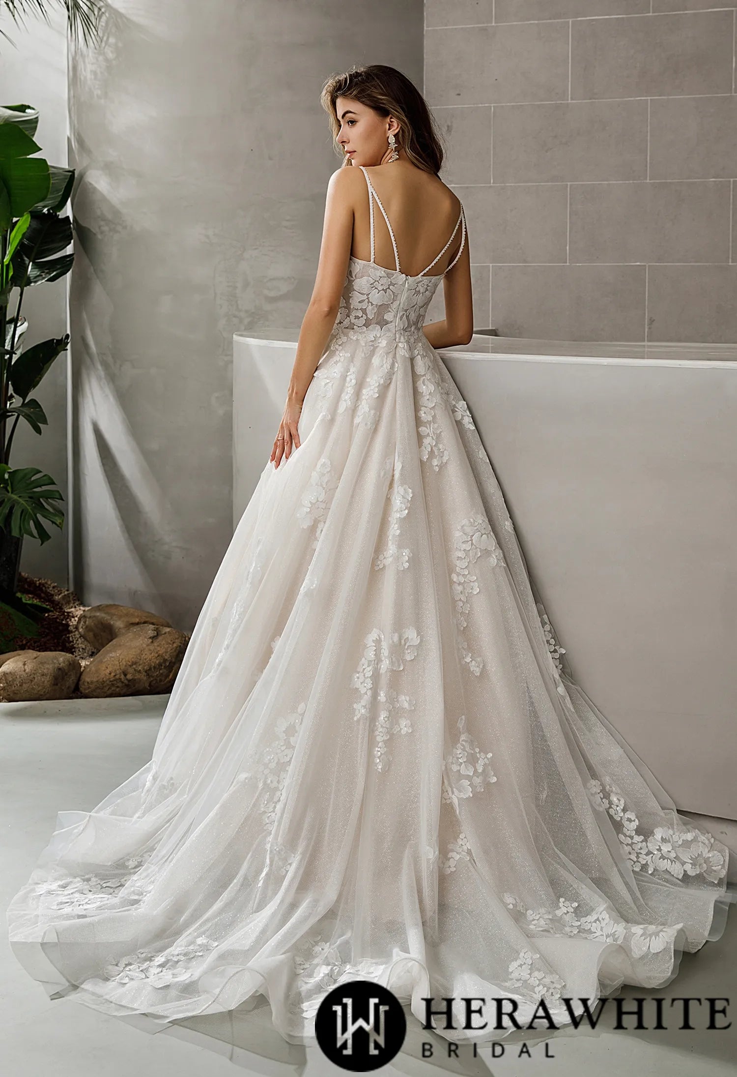 Plunging Sweetheart Floral Lace Glitter A-line Wedding Dress