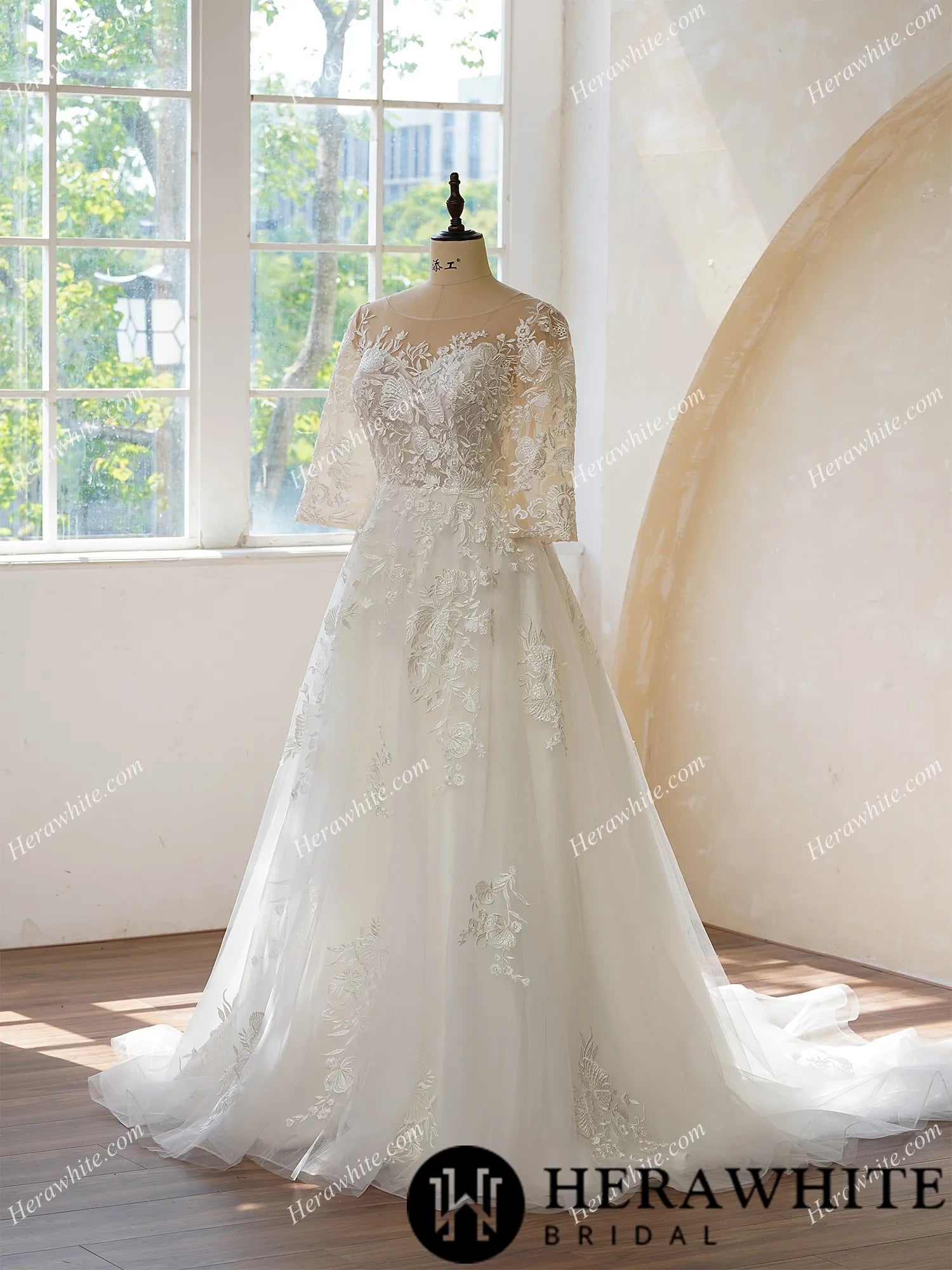 Illusion Neckline and Illusion Back With Buttons Bridal Dress
