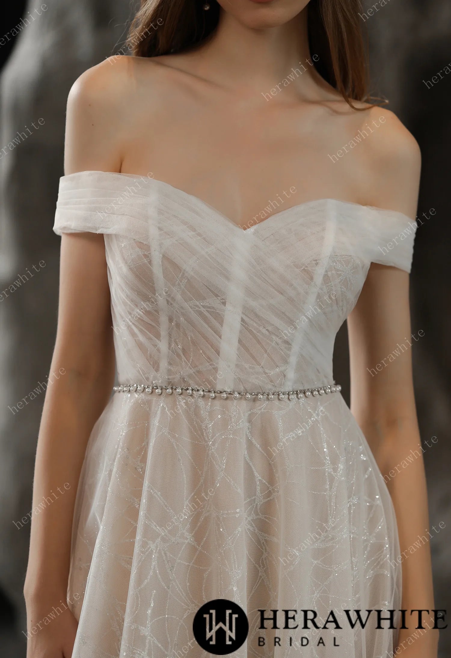 Shimmer Off-the-shoulder Neckline A-line Tulle Wedding Dress
