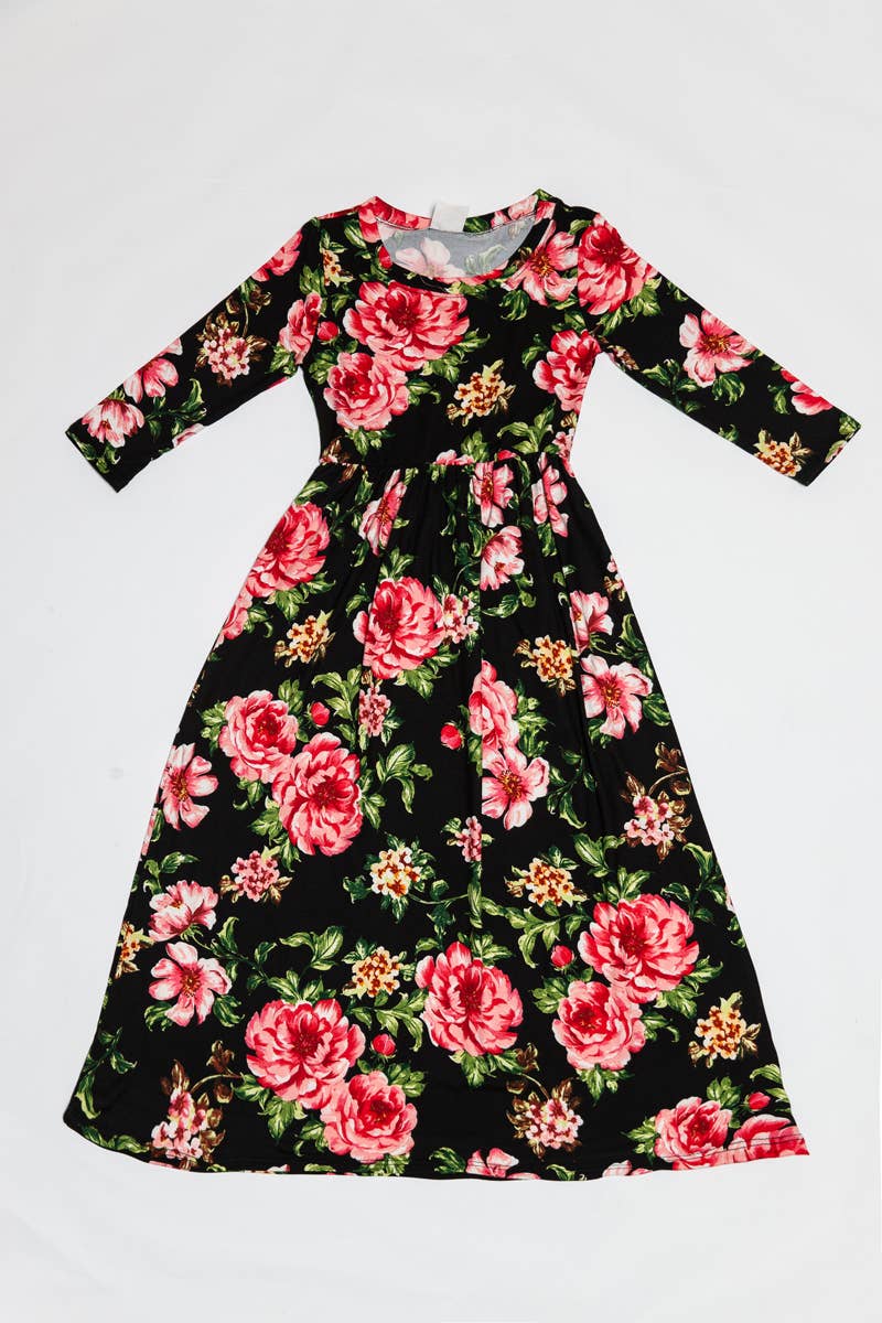 Girls Fit and Flare Floral Maxi Dress: FLORAL ORANGE / L