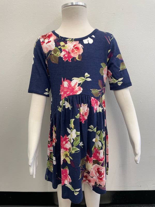 GIRLS FLORAL KNIT DRESS - K1610140D: L / BLUE/YELLOW
