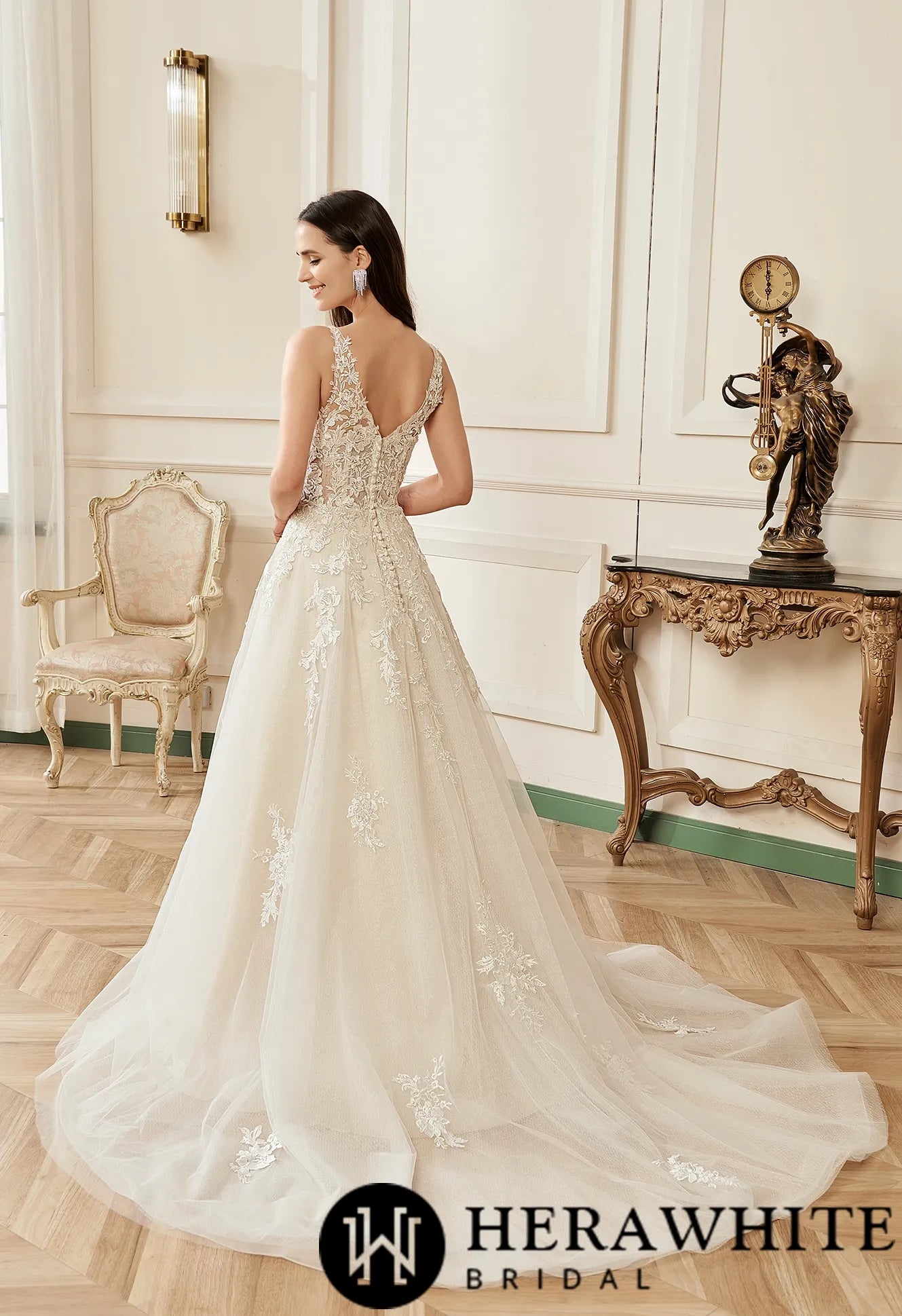 Illusion V-neckline A-Line Lace Straps Bridal Gown