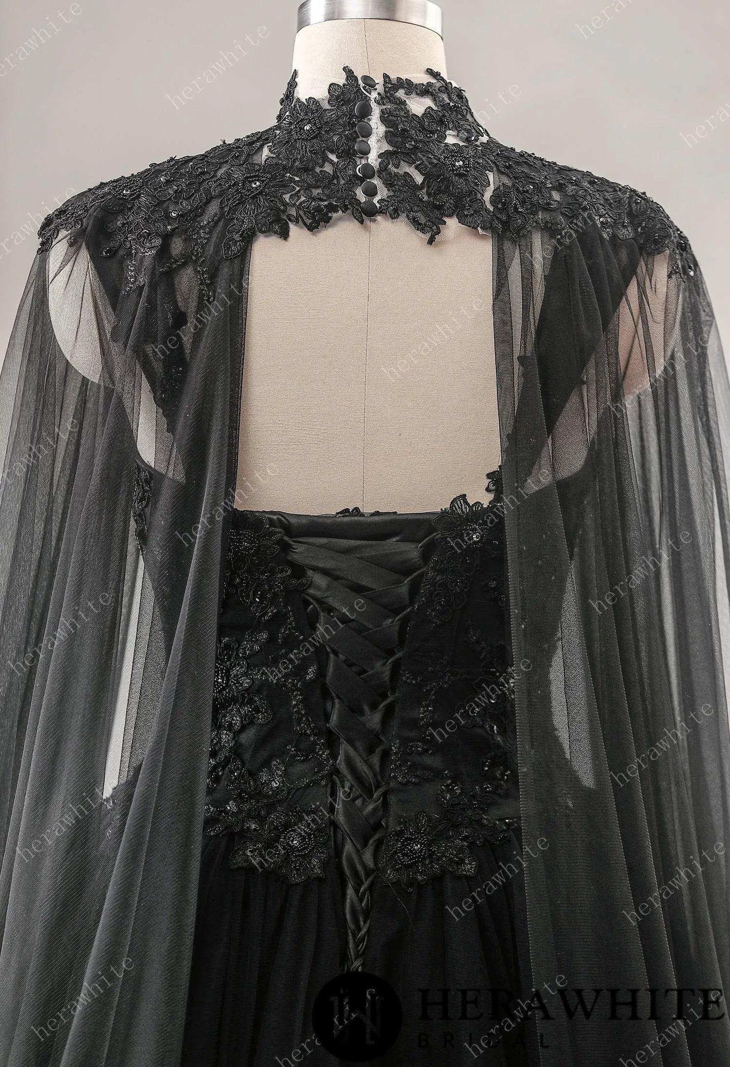 Relaxed A-Line Black Wedding Dress With Detachable Cape