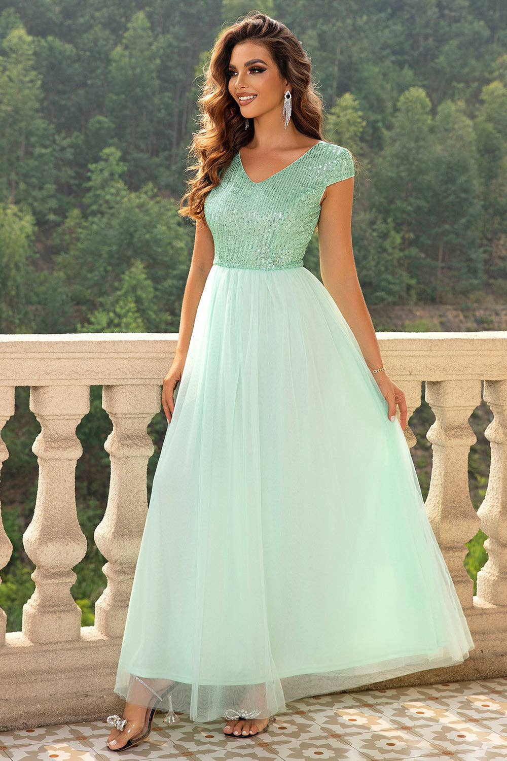 Sequin V-Neck Mesh Maxi Dress: Light Green / S