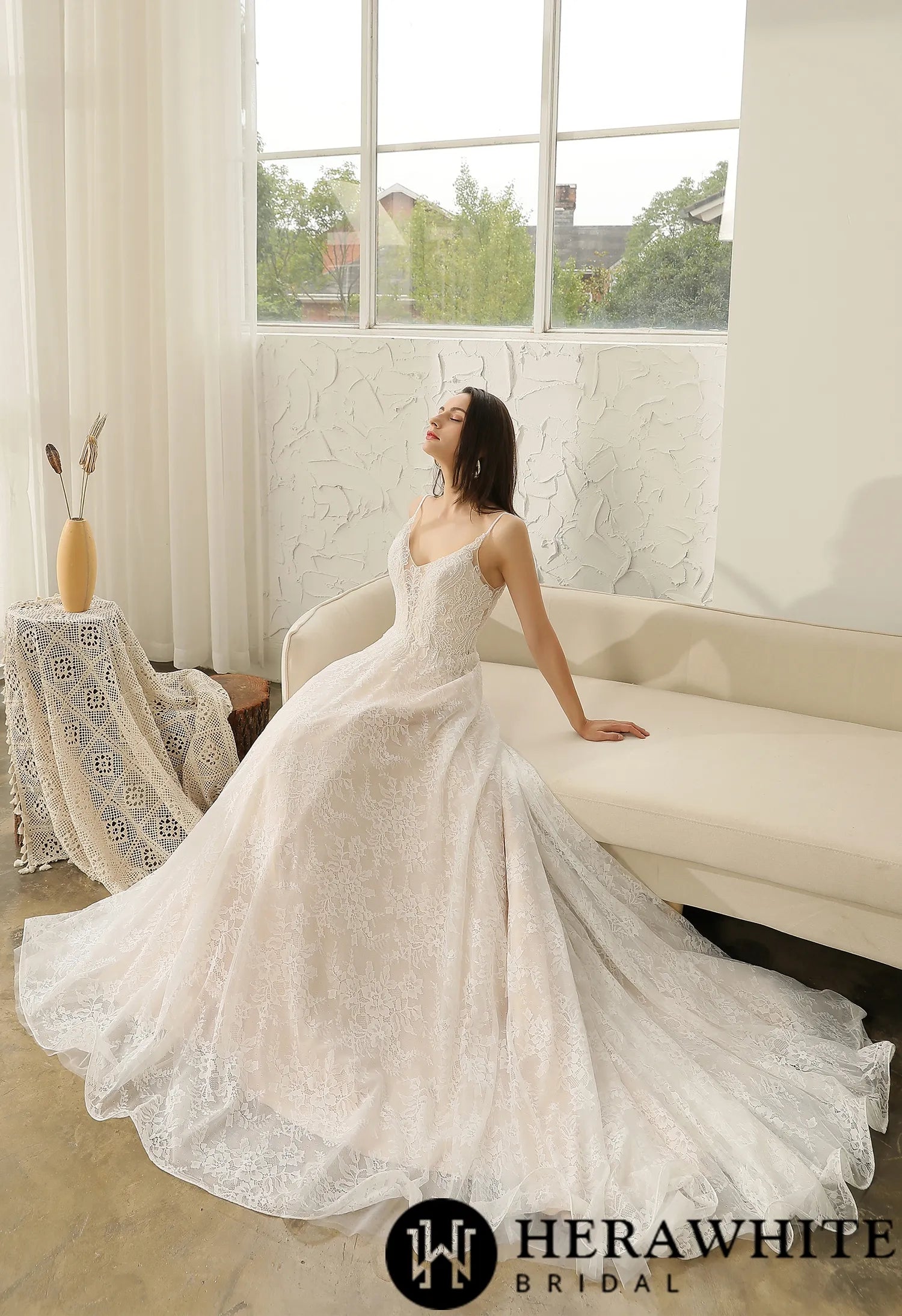 Beaded Lace A-line Wedding Dress With Spaghetti Straps