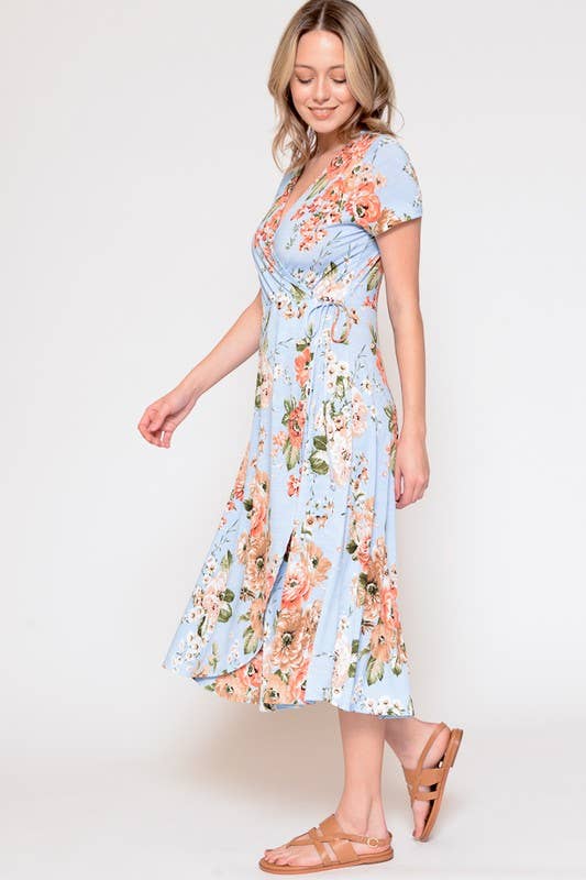 X201500D-Plus Size Floral Wrap Dress: 1X / Blue/Coral
