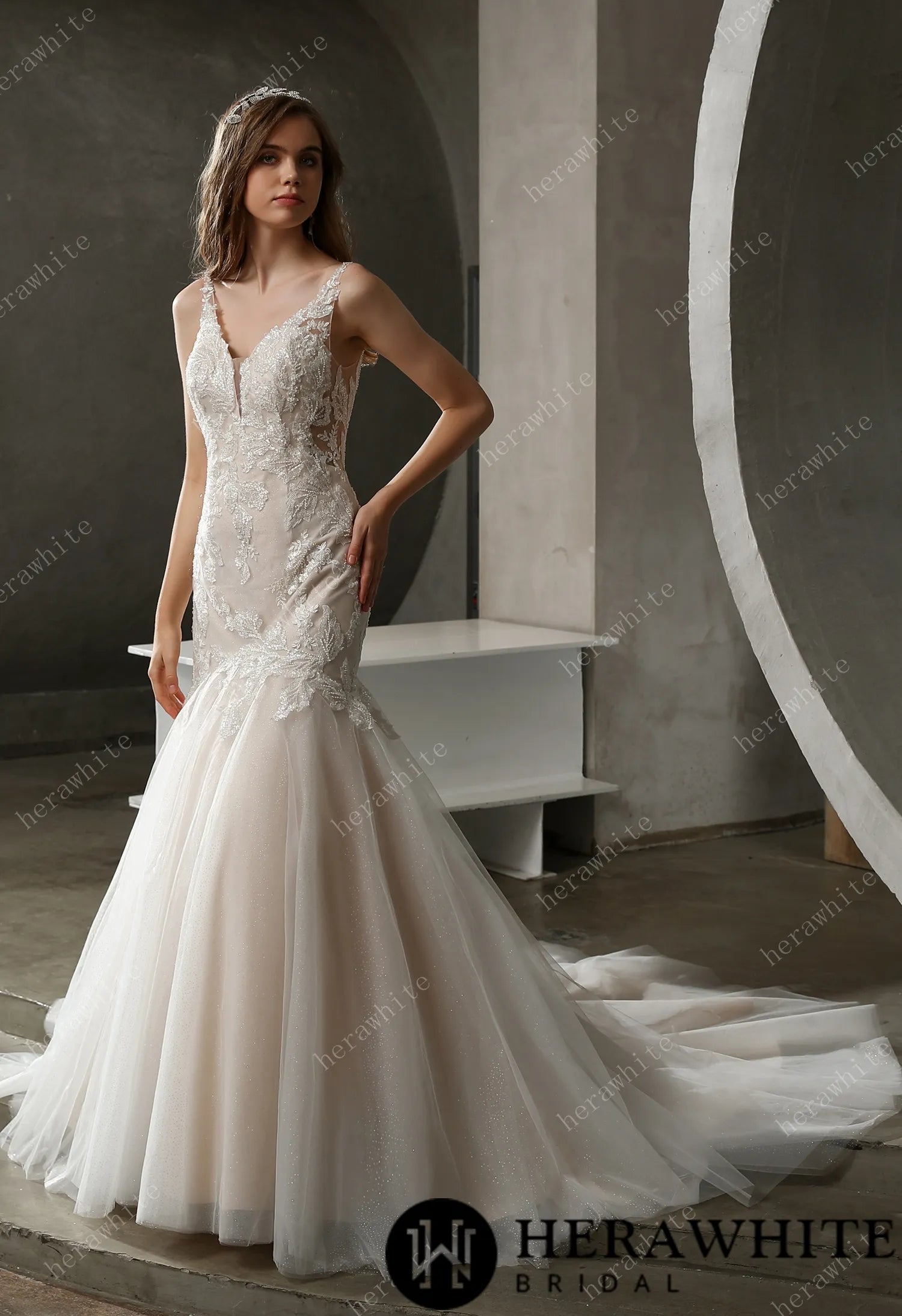 Plunging V-neck Mermaid Wedding Dress with Illusion Square Back