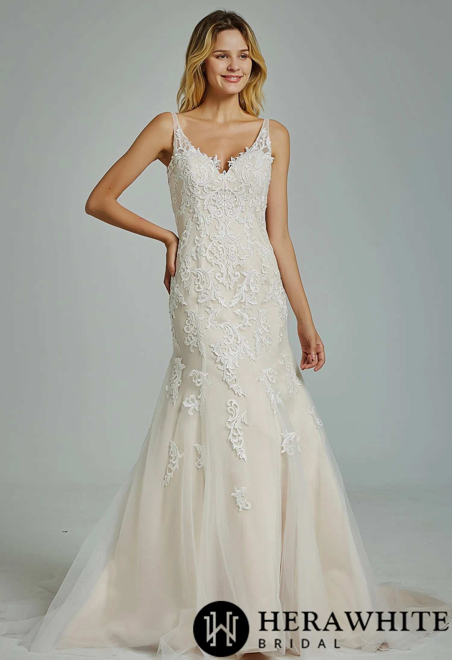 Gorgeous Appliques V Neck Fit& Flare Wedding Gown