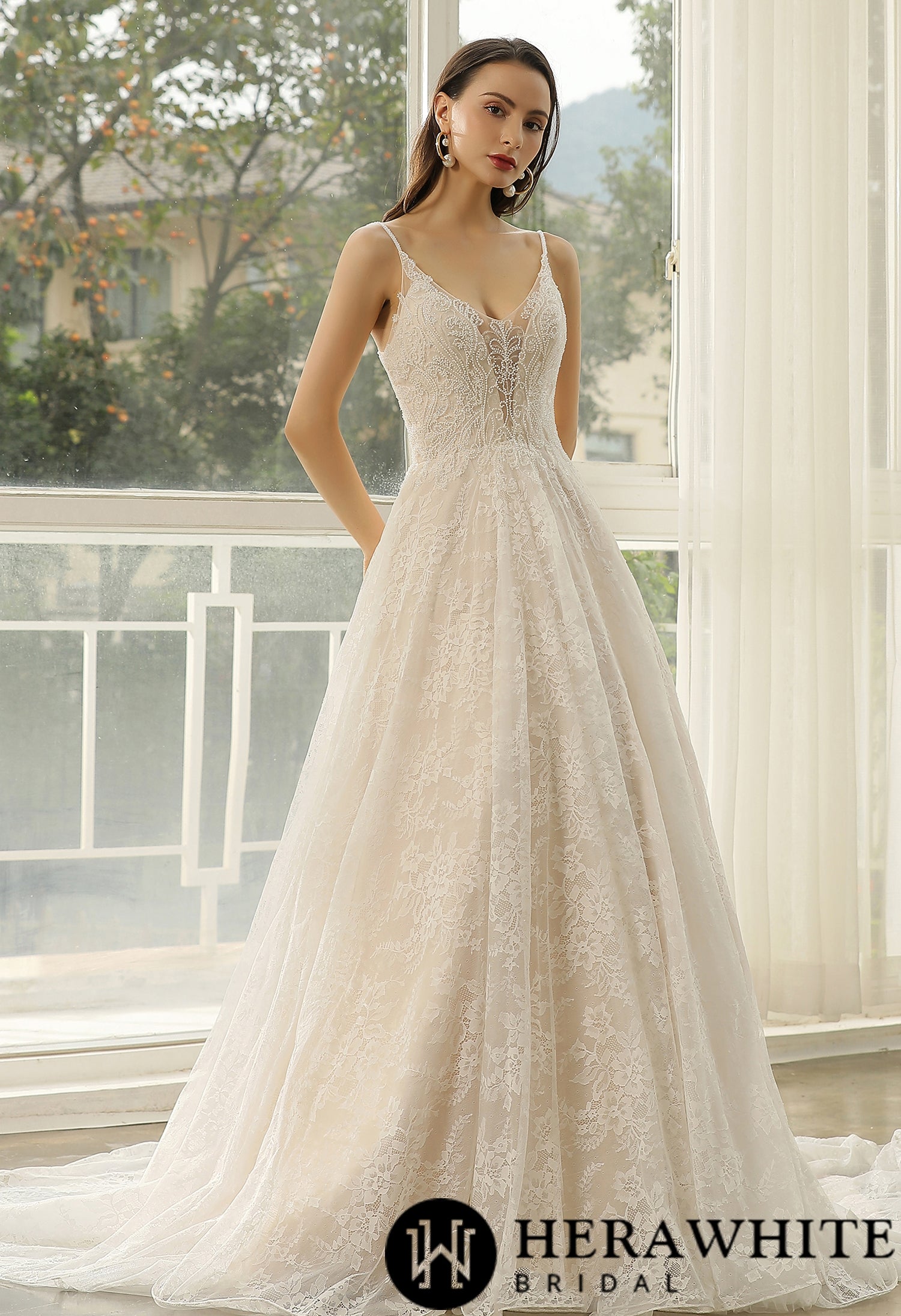 Beaded Lace A-line Wedding Dress With Spaghetti Straps