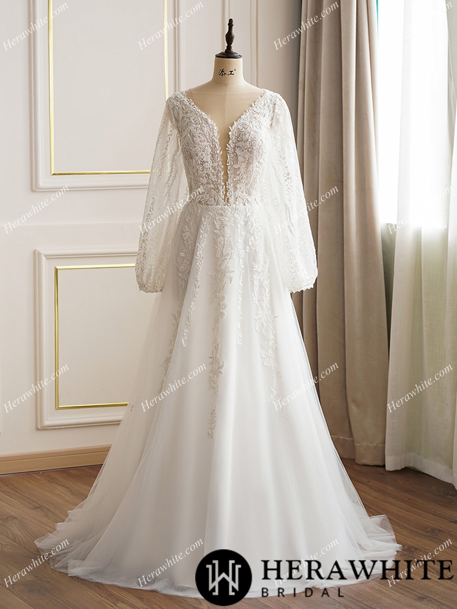 Lace Long Sleeve Plunging Neckline Wedding Dress