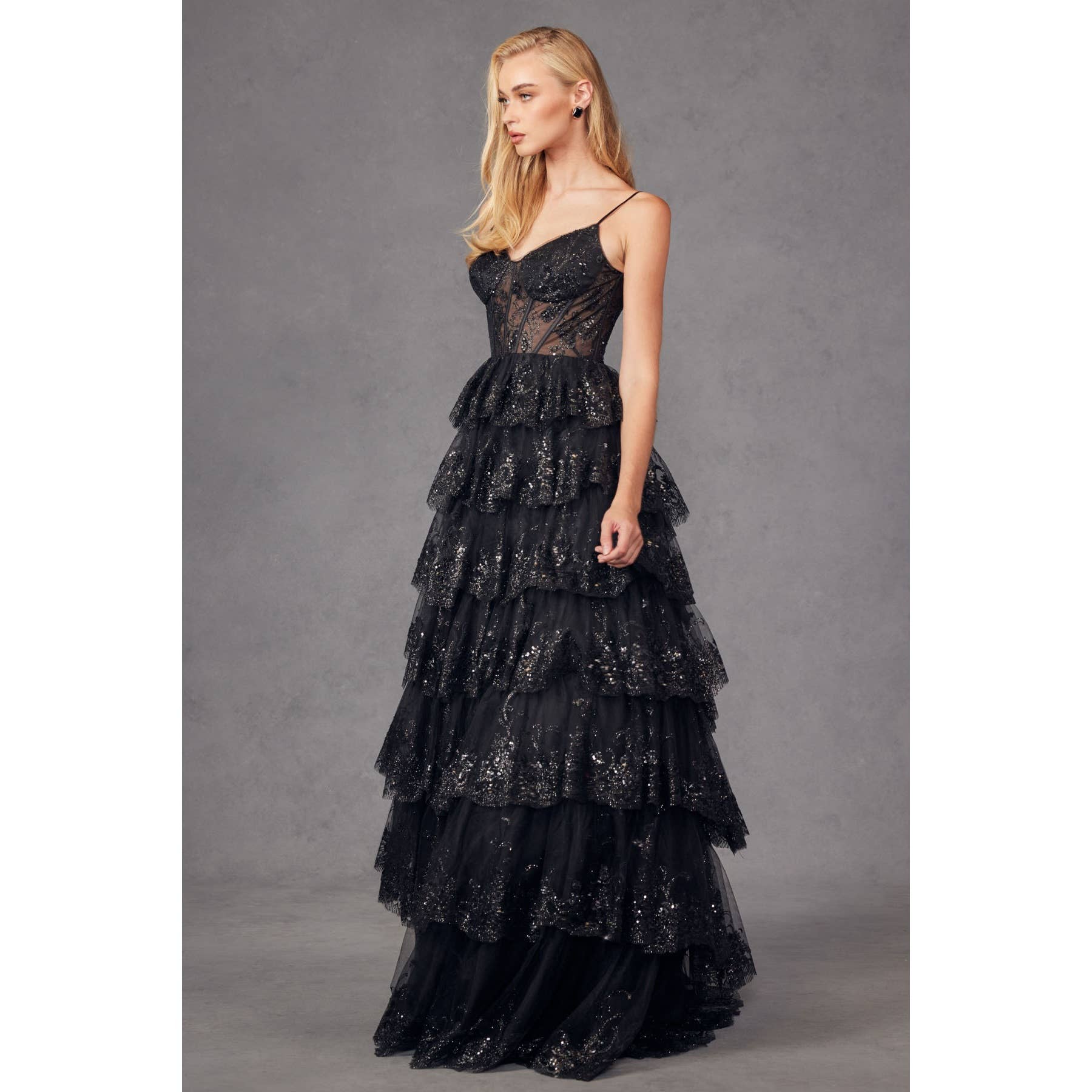 RUFFLE TULLE LACE SEQUIN BALL GOWN WITH SHEER CORSET BODICE