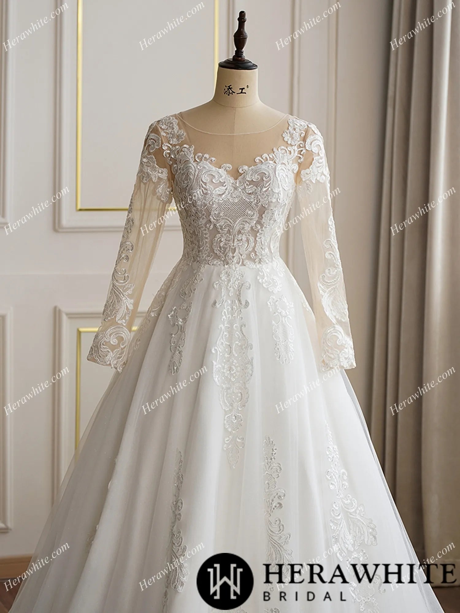 Illusion Neckline Long Sleeve Lace with Pearl Buttons Bridal Gown