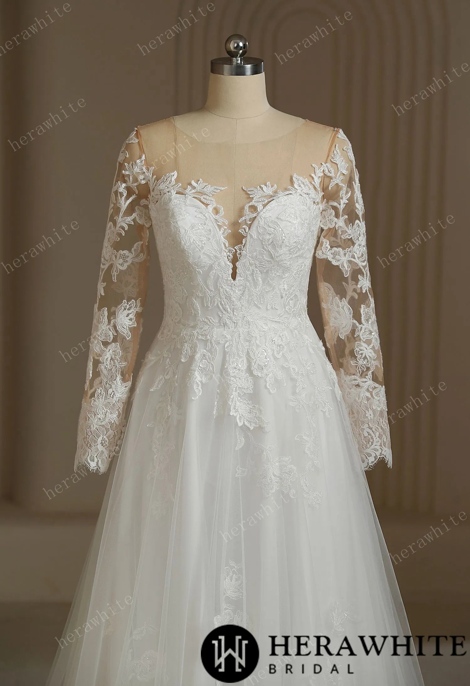 Romantic Sweetheart Long Sleeve Illusion Back Wedding Dress