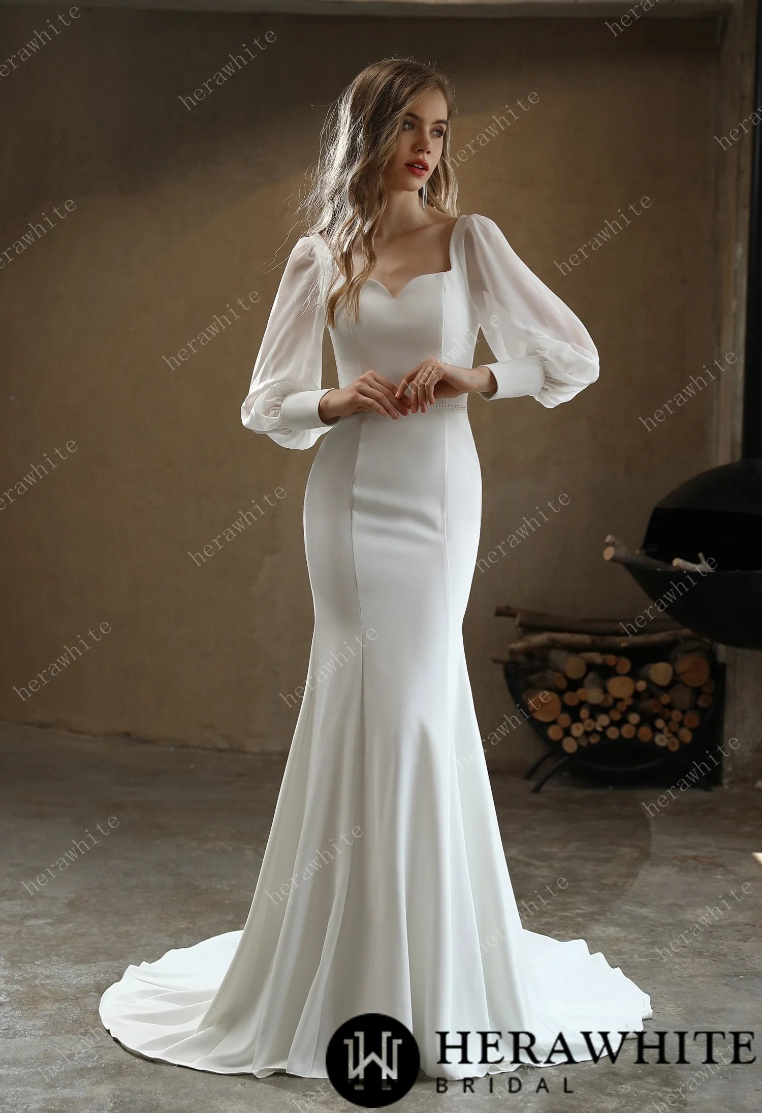 Classic Fit and Flare Wedding Gown with Puff Chiffon Sleeves