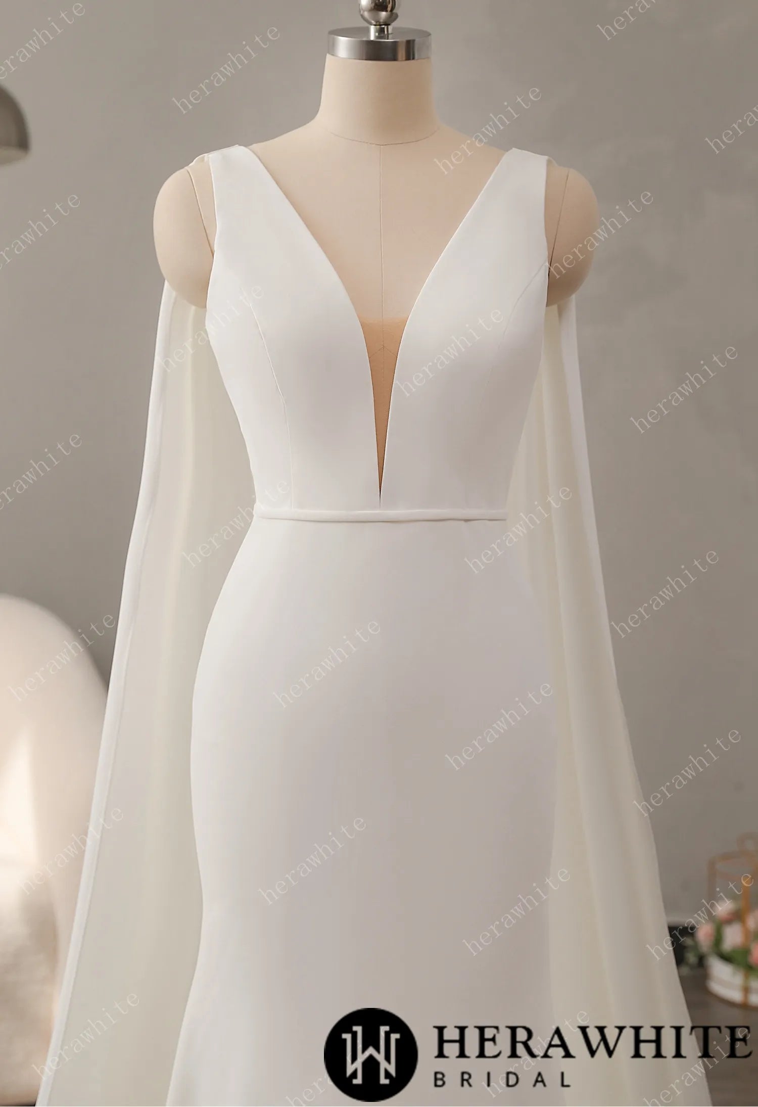 Deep V-neckline Crepe Wedding Dress with Detachable Cape