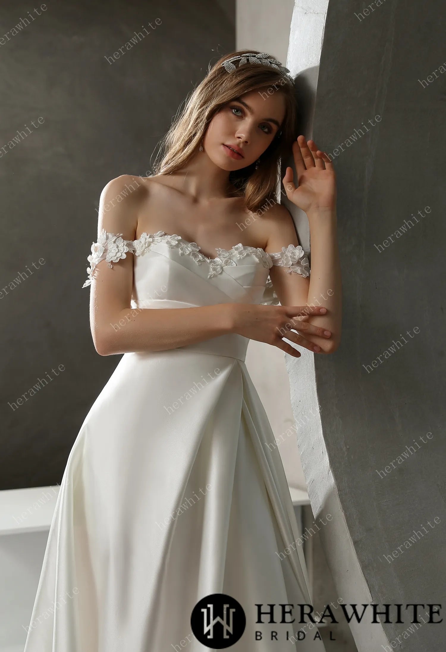 Satin Off-the-shoulder A-line Bridal Gown with Slit Skirt