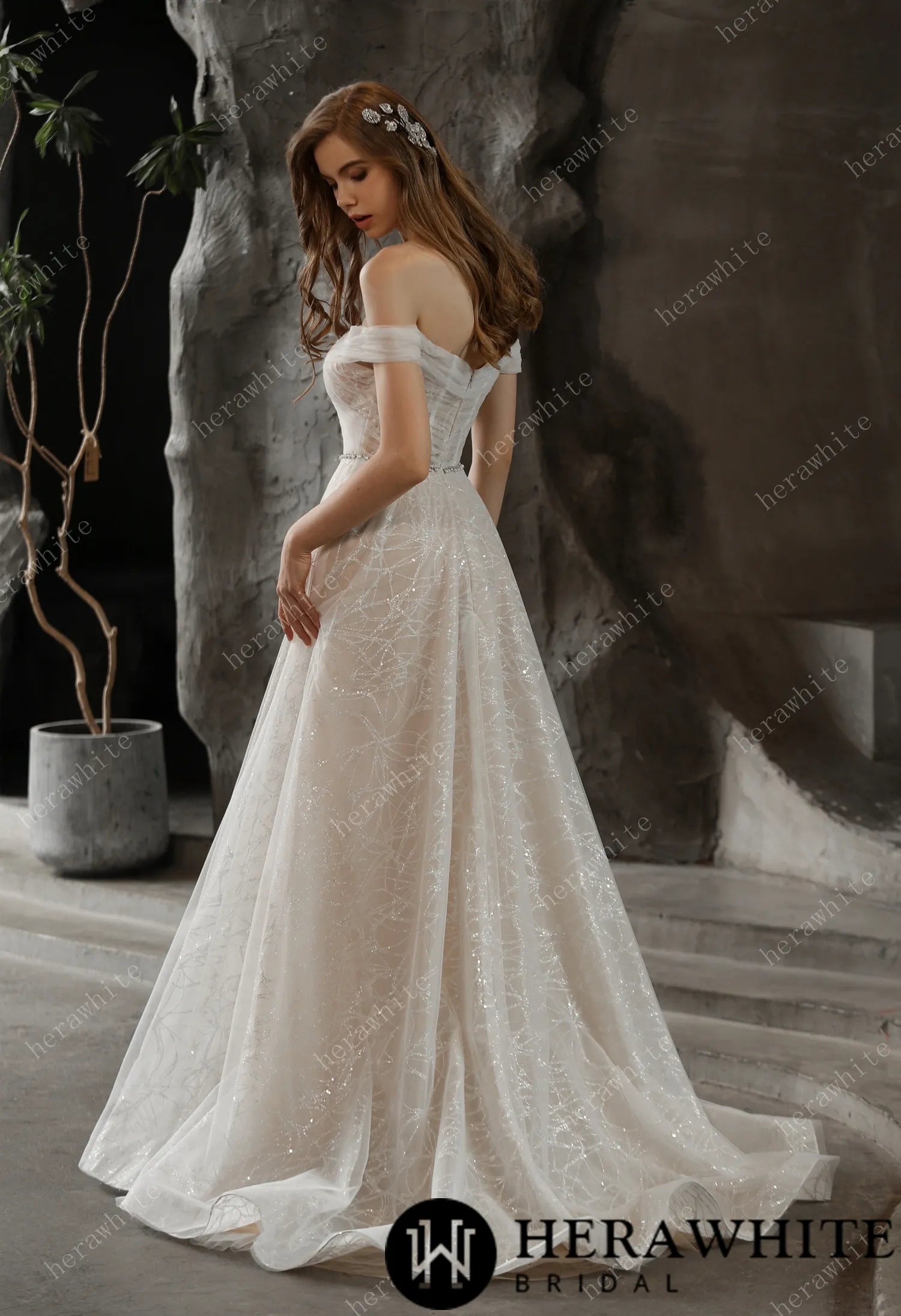Shimmer Off-the-shoulder Neckline A-line Tulle Wedding Dress