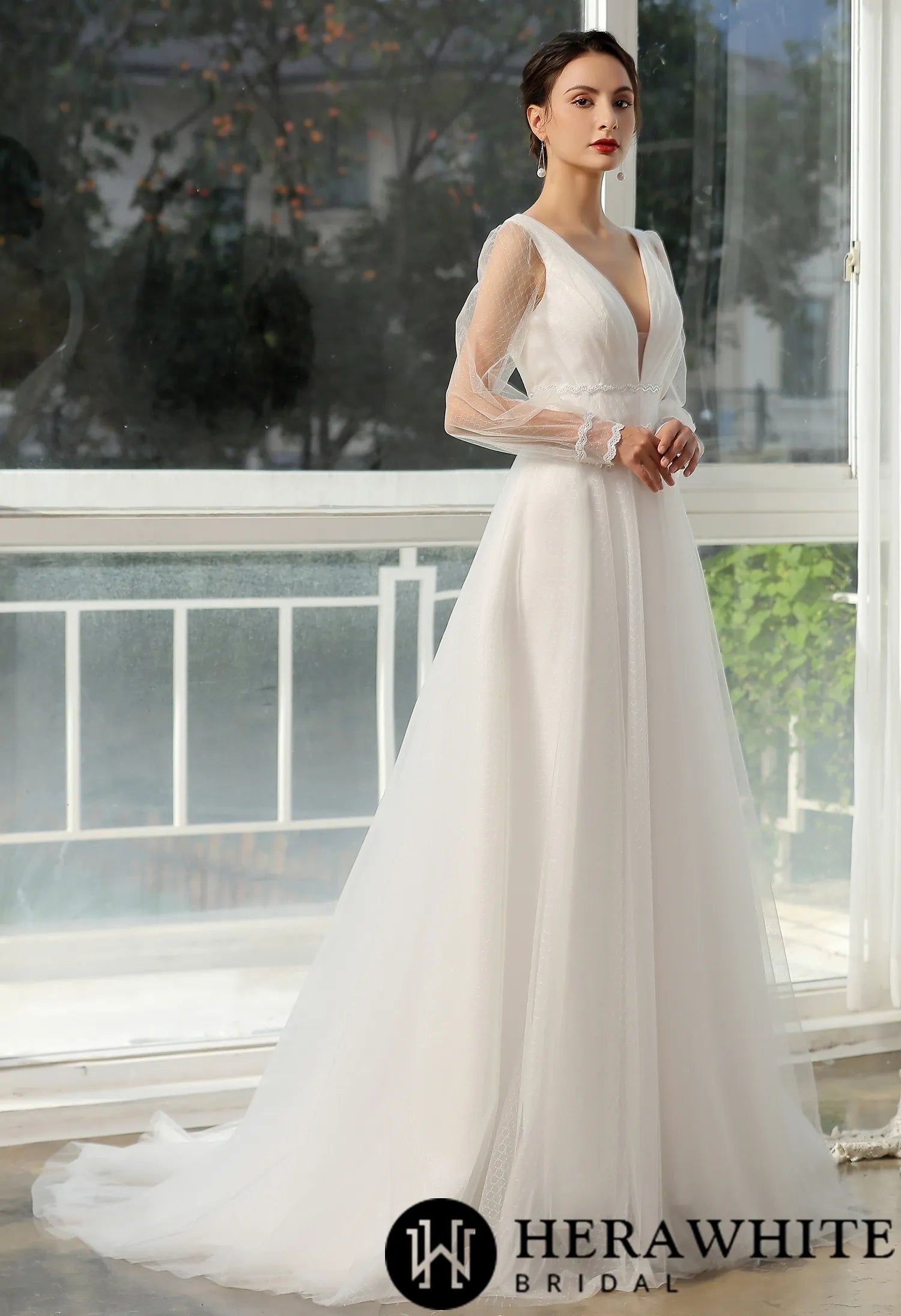 Bishop long Sleeve Ruched Illusion V-neckline Bridal Gown