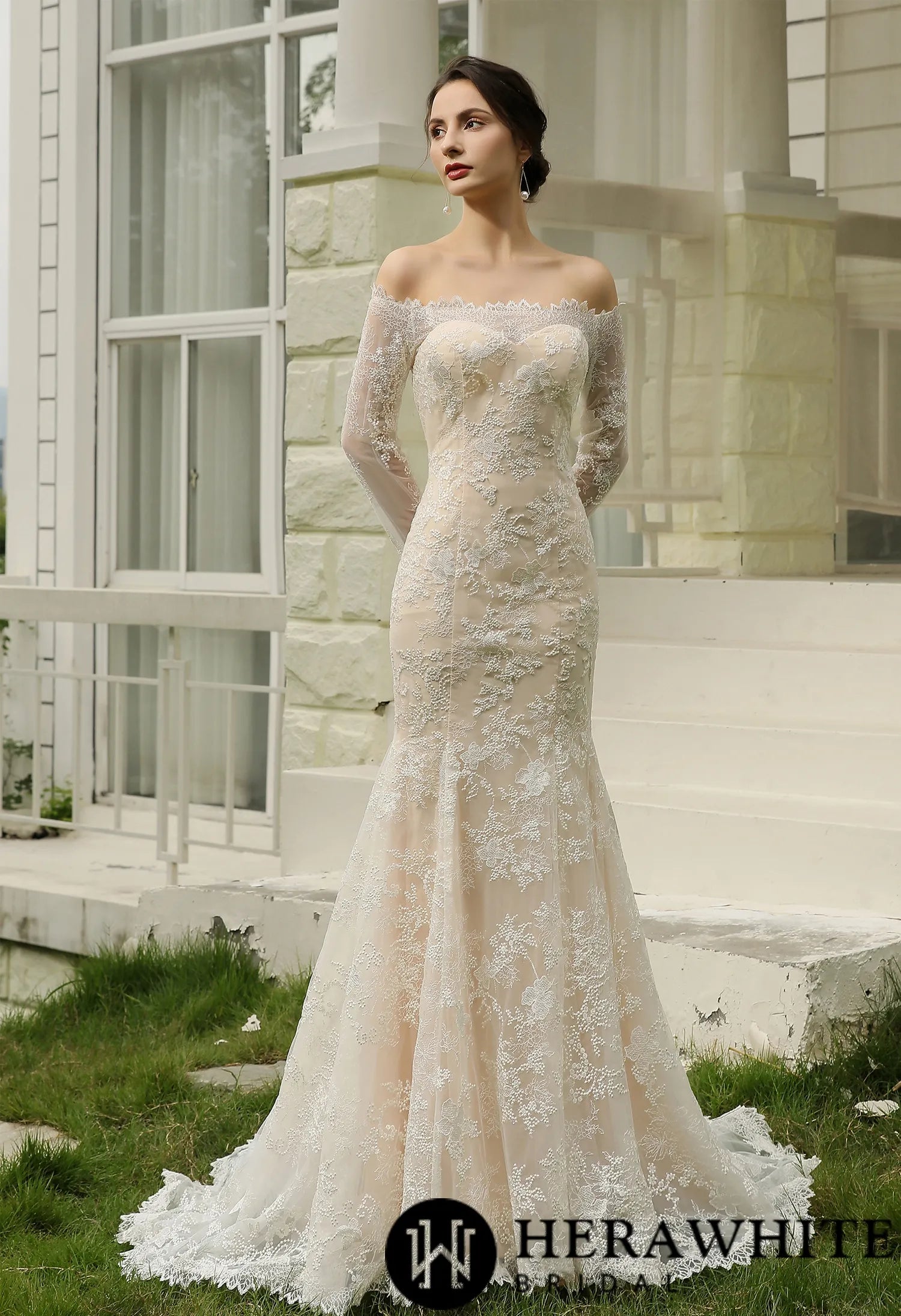 Off-the-Shoulder Sheath Wedding Dress with Luxury Illusion lace