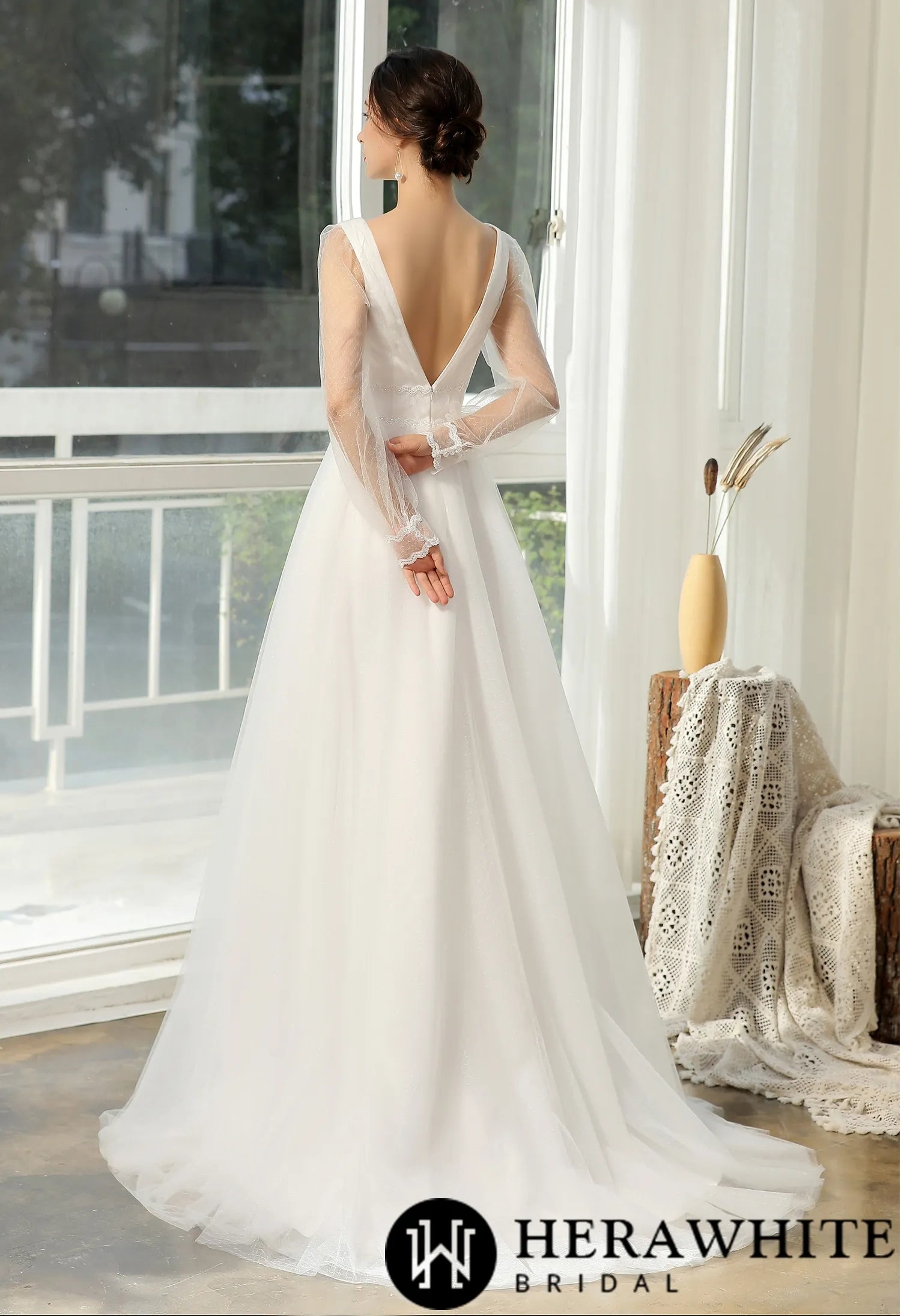 Bishop long Sleeve Ruched Illusion V-neckline Bridal Gown