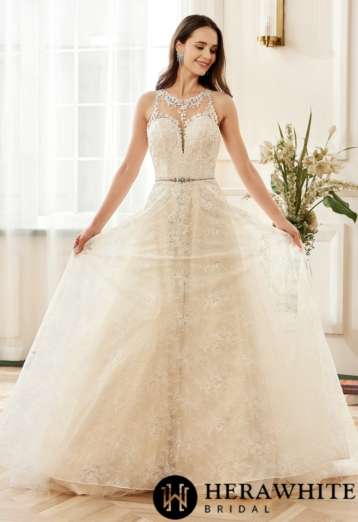 Illusion Halter Neckline Lace Tulle Bridal Gown