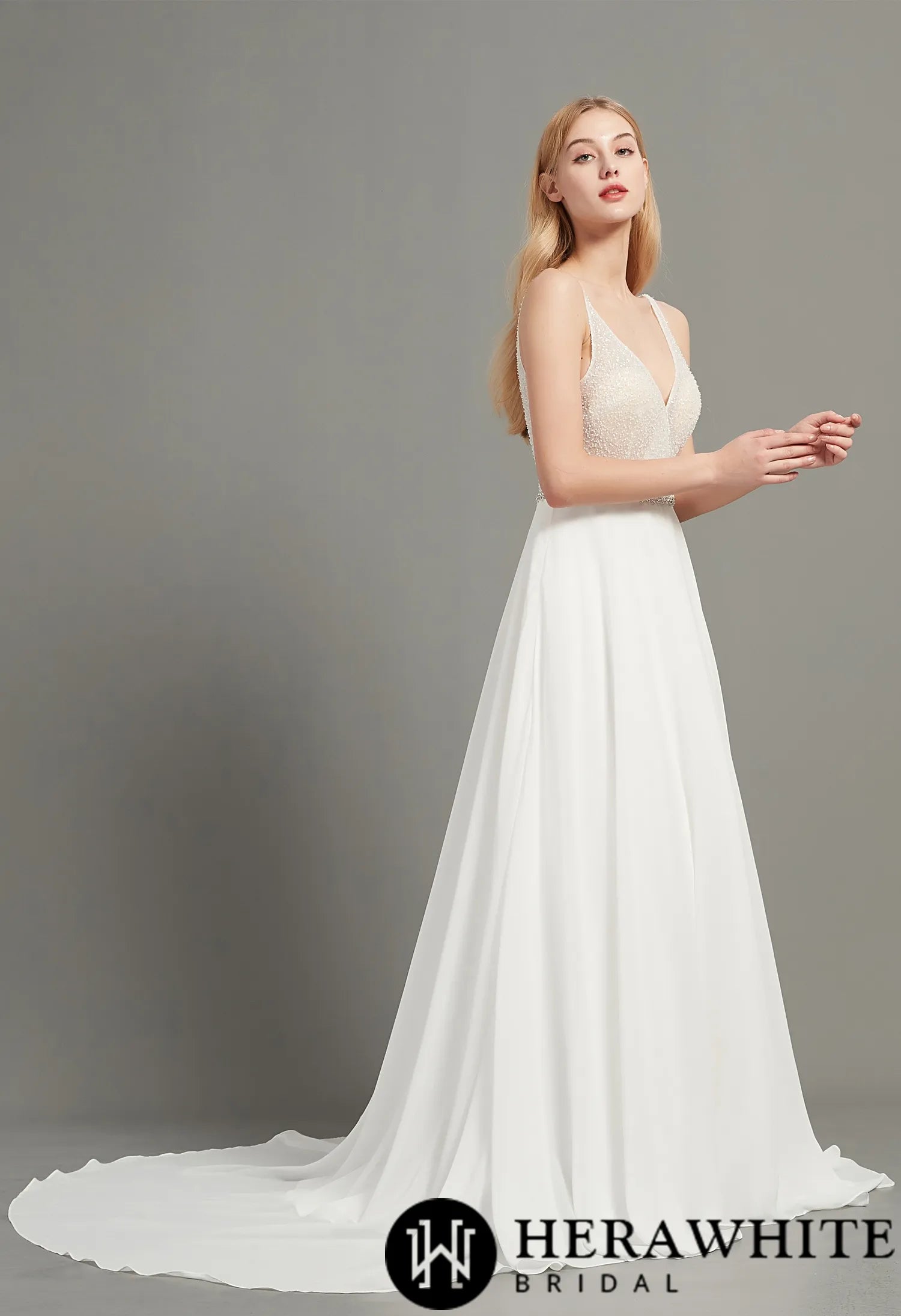 Crystal and beading V Neck Aline Chiffon Wedding Dress