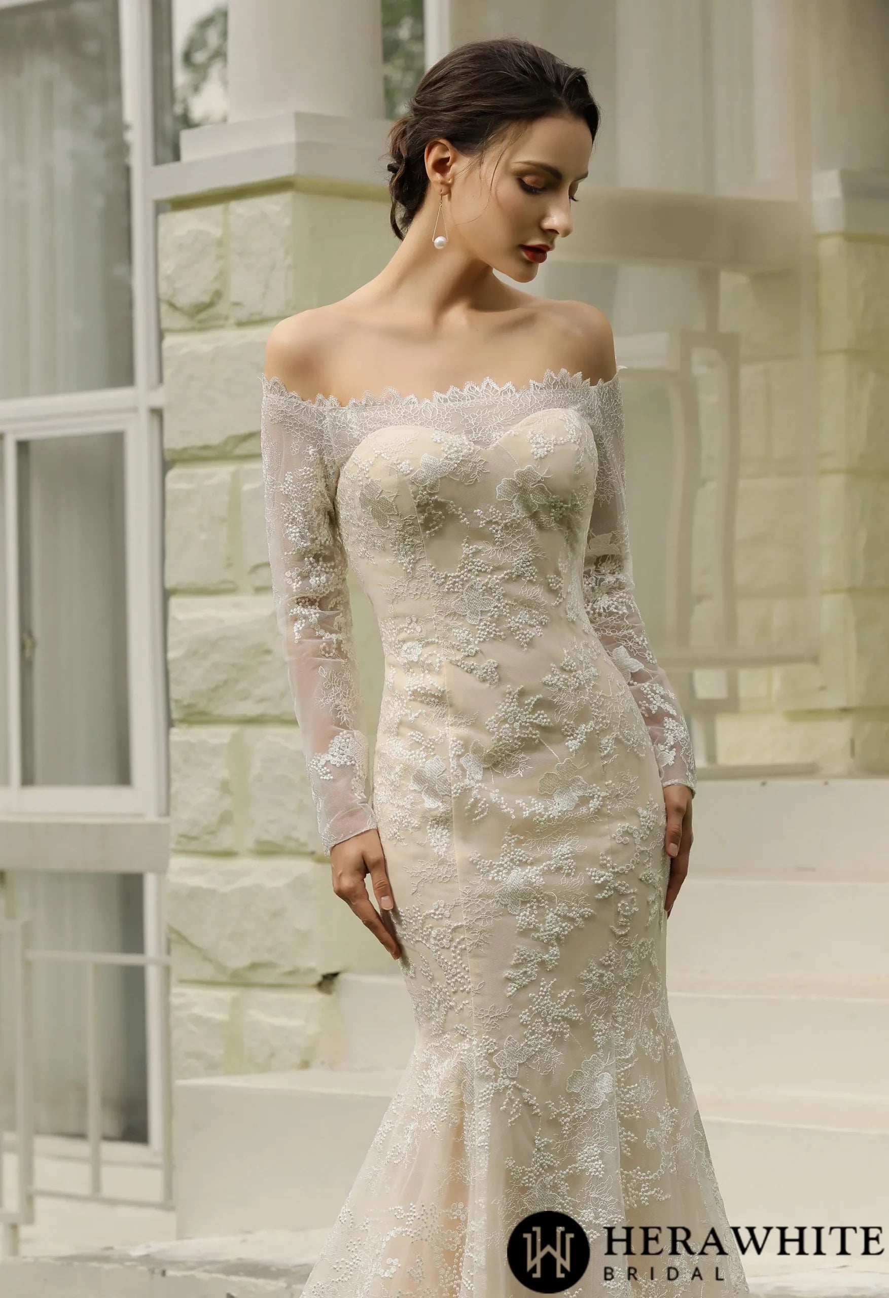 Off-the-Shoulder Sheath Wedding Dress with Luxury Illusion lace