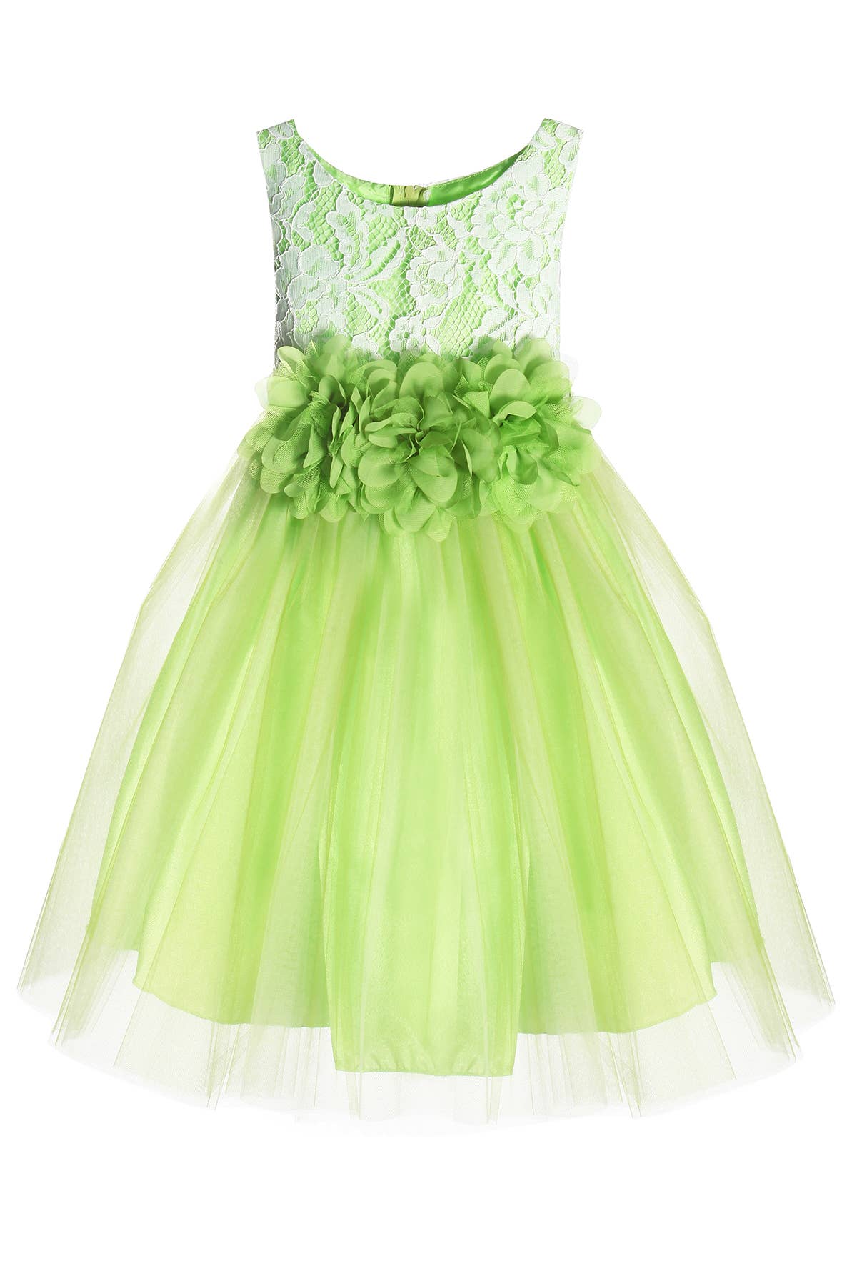 Lace Illusion Girls Dress With/Without 3 Mesh Flowers: No / Aqua / 4