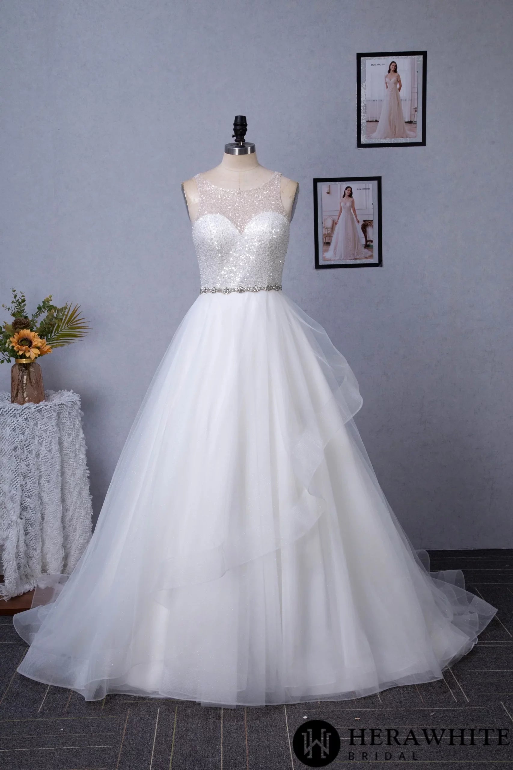 Shining Beaded Bodice Keyhole Back Ruffle Tulle Skirt Ball Gown