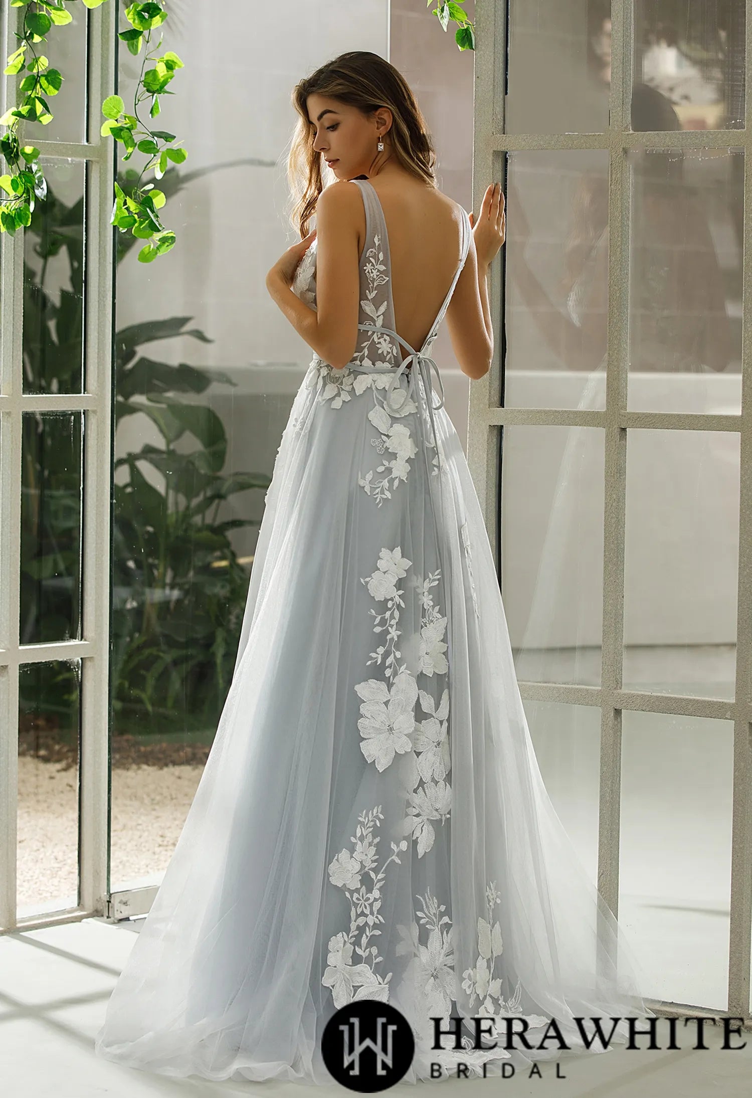 Plunging V-neck Wedding Dress With Floral Motifs
